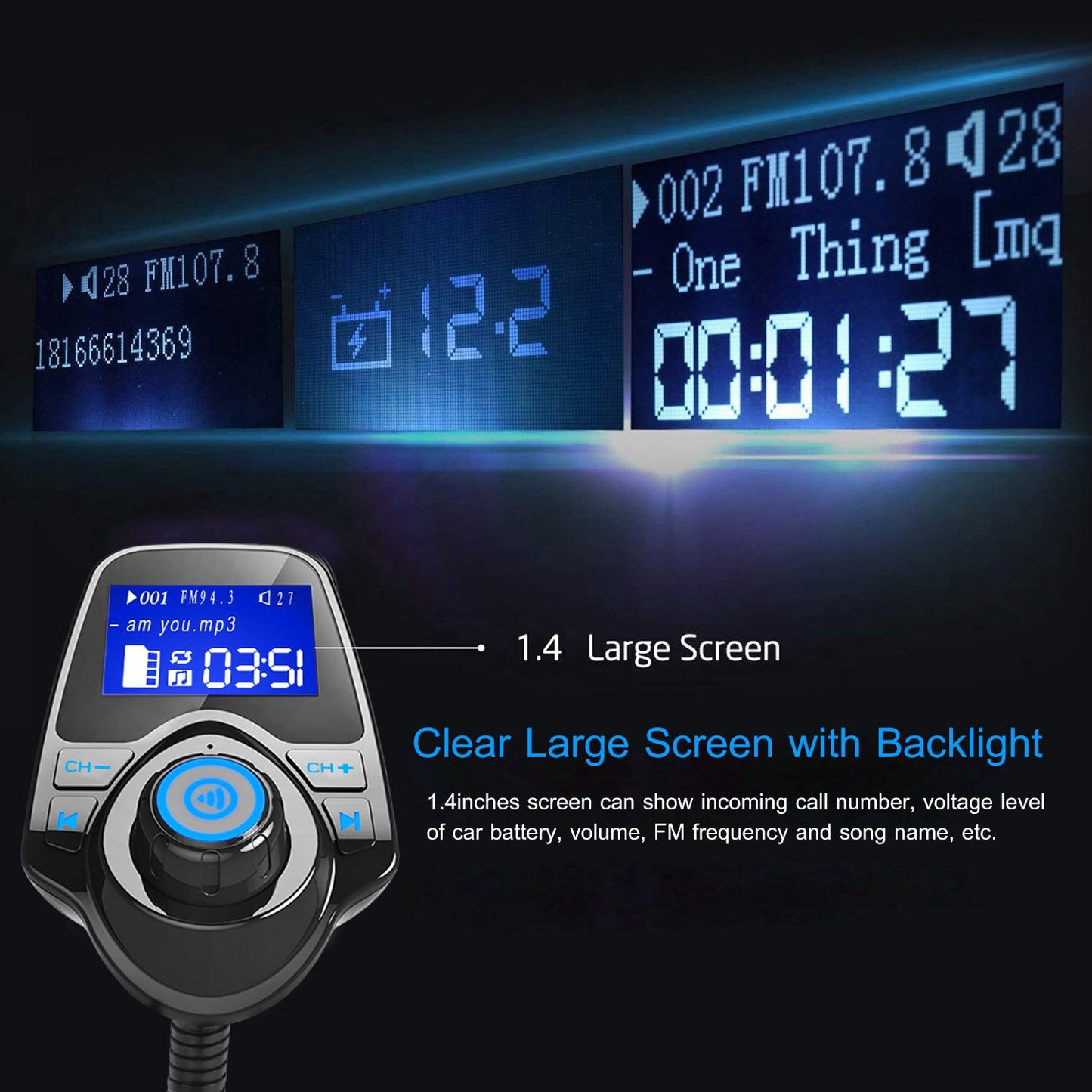 Wireless FM Transmitter with USB Fast Charge & Hands-Free Calling