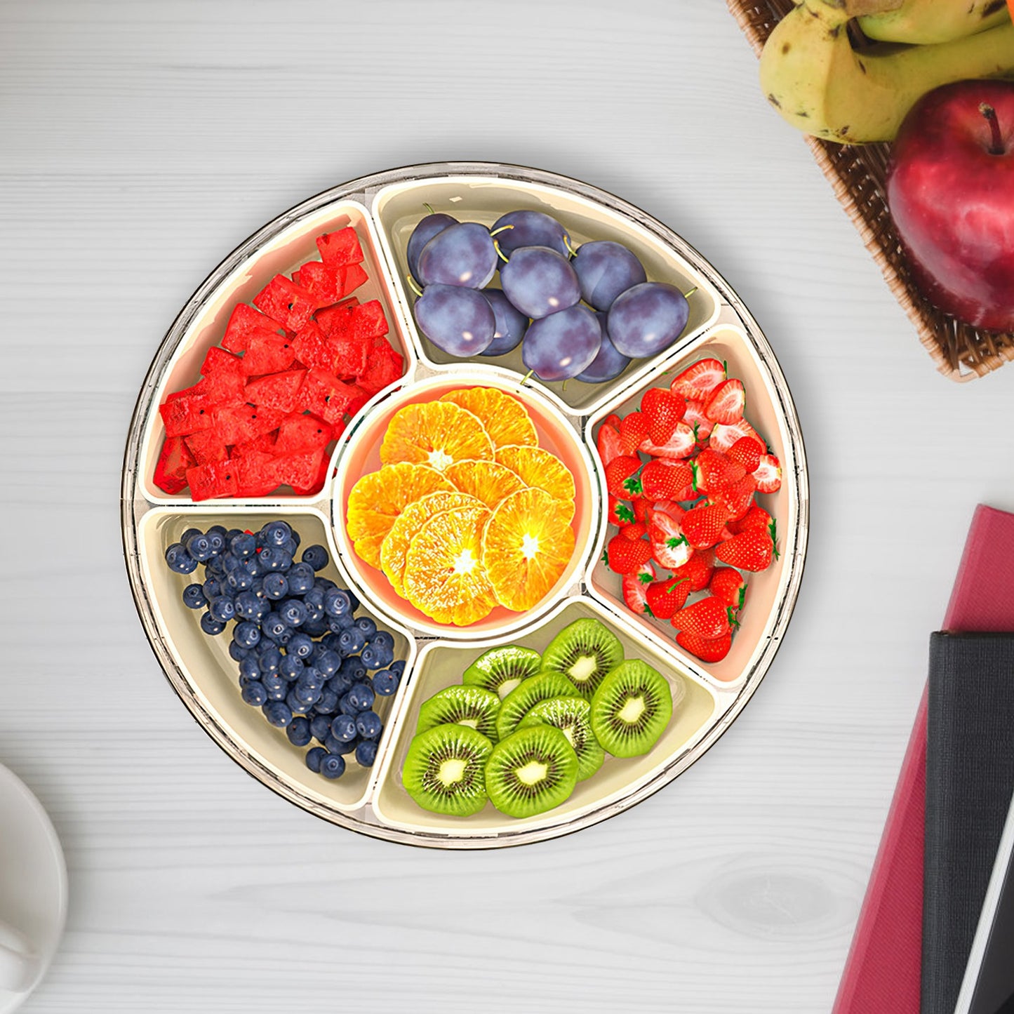 Divided Serving Tray with Lid - 6 Compartments, Rotatable