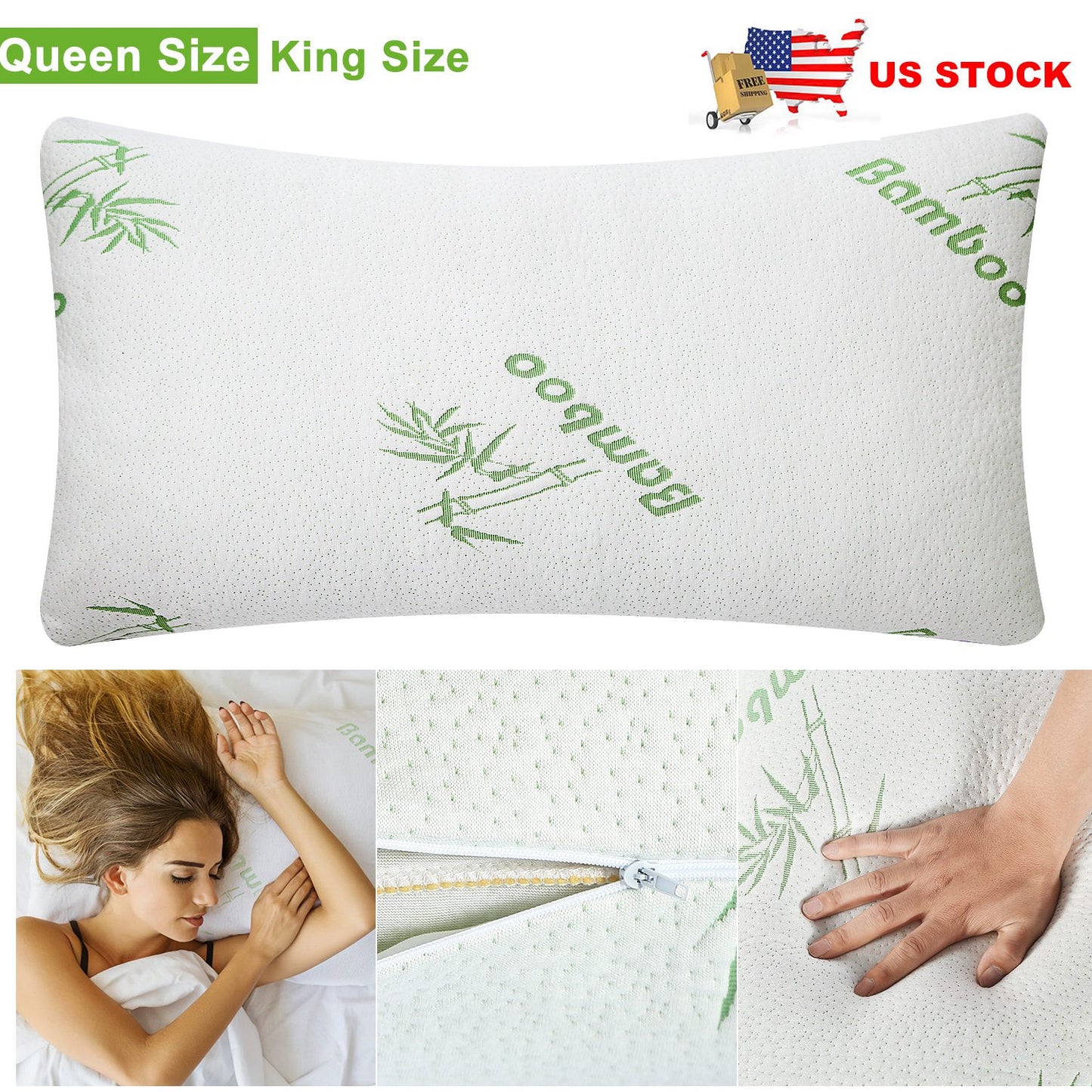 Memory Foam Pillow Set with Bamboo Cover - Queen Size (2-Pack)