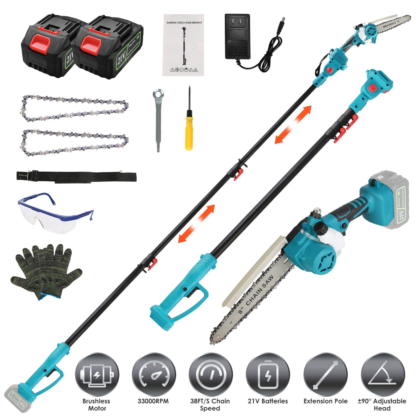 Cordless Pole Saw 21V with Extension Pole and Mini Chainsaw