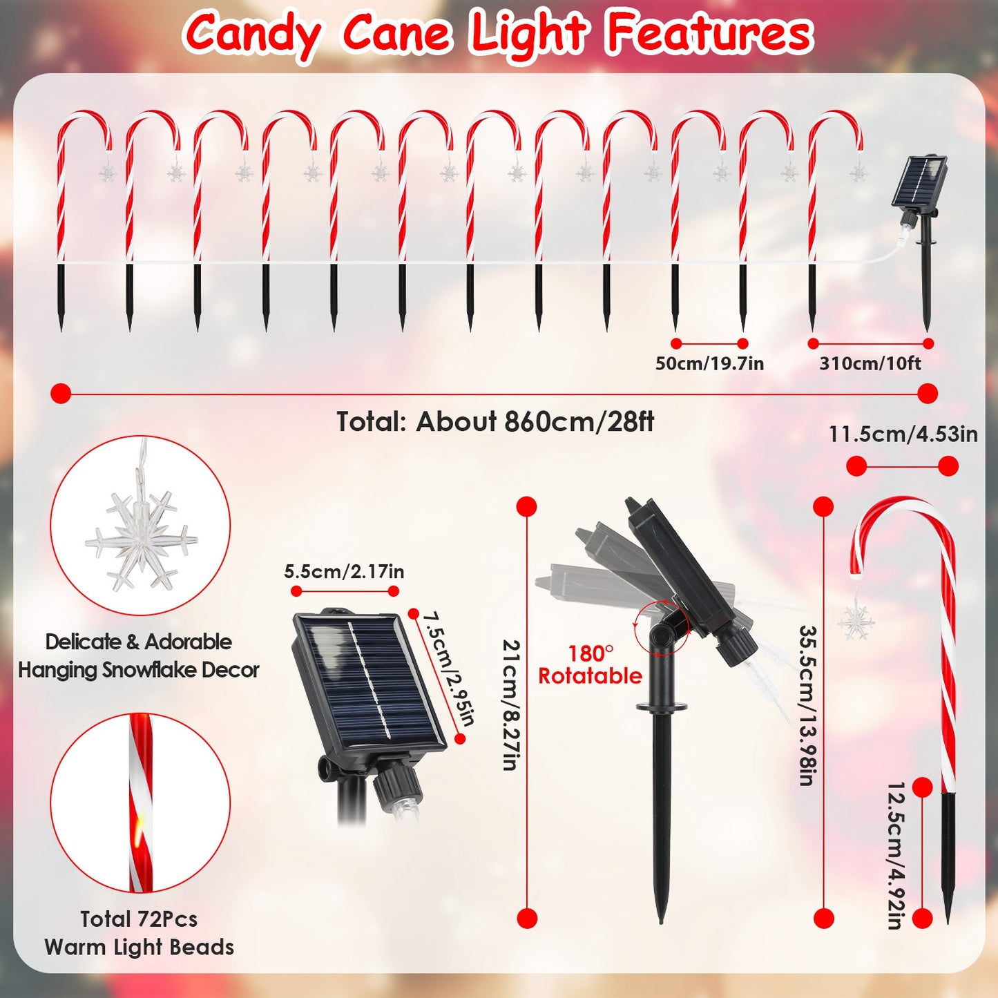 Solar Candy Cane Christmas Lights - 12 Canes, 72 LEDs, 8 Modes