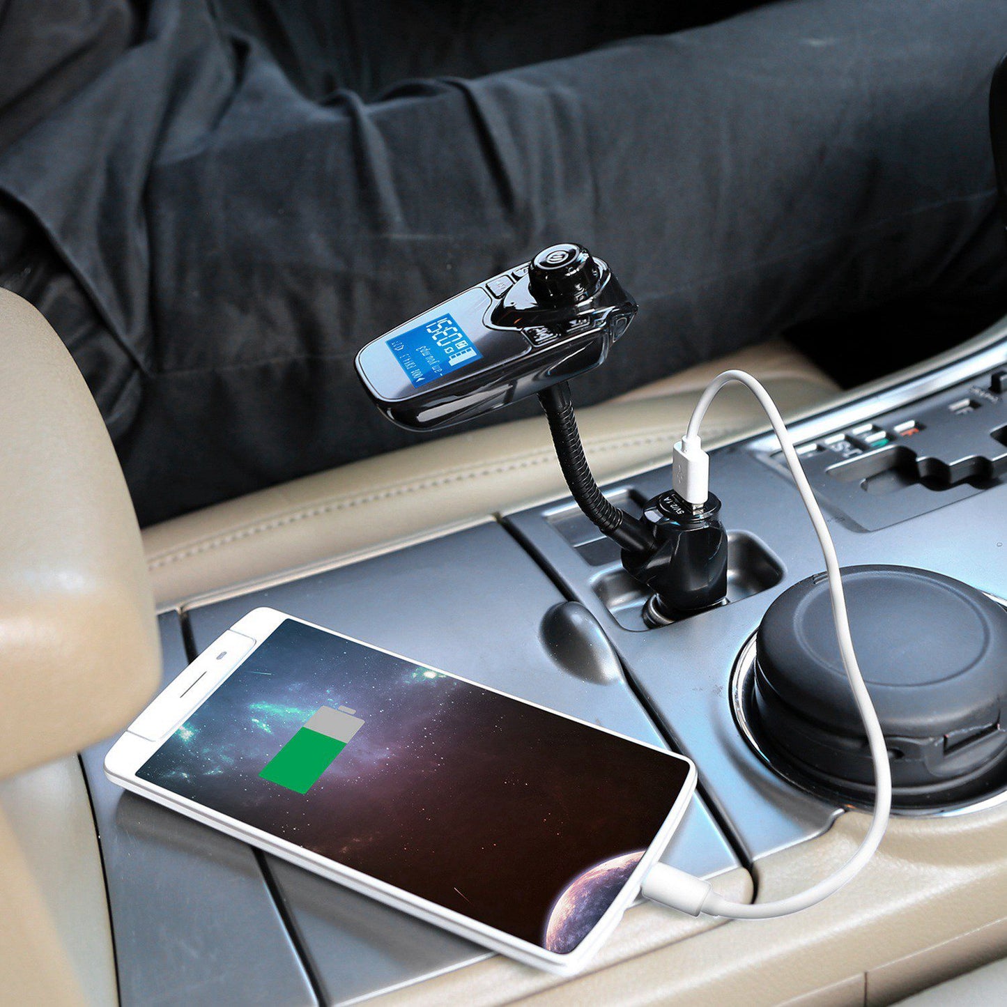 Wireless FM Transmitter with USB Fast Charge & Hands-Free Calling