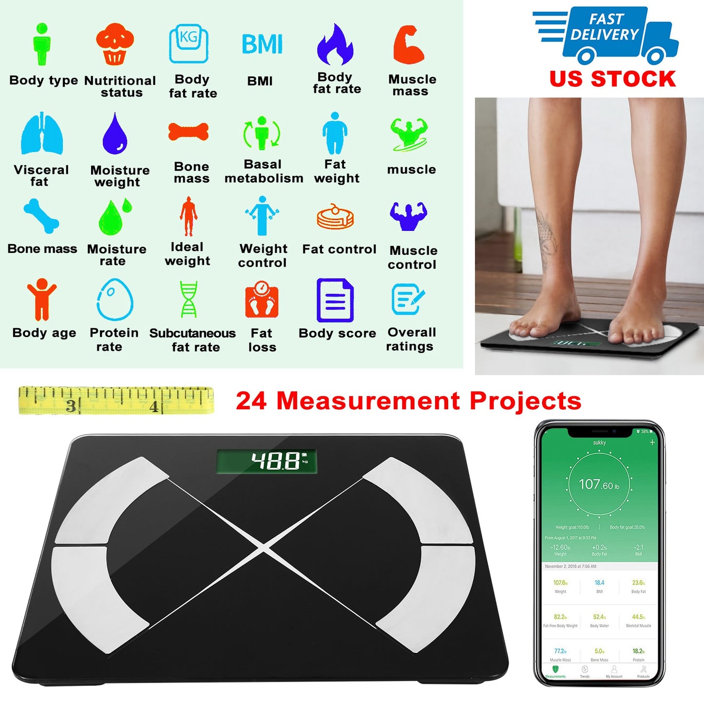 Smart Body Composition Scale with App & 24 Health Metrics