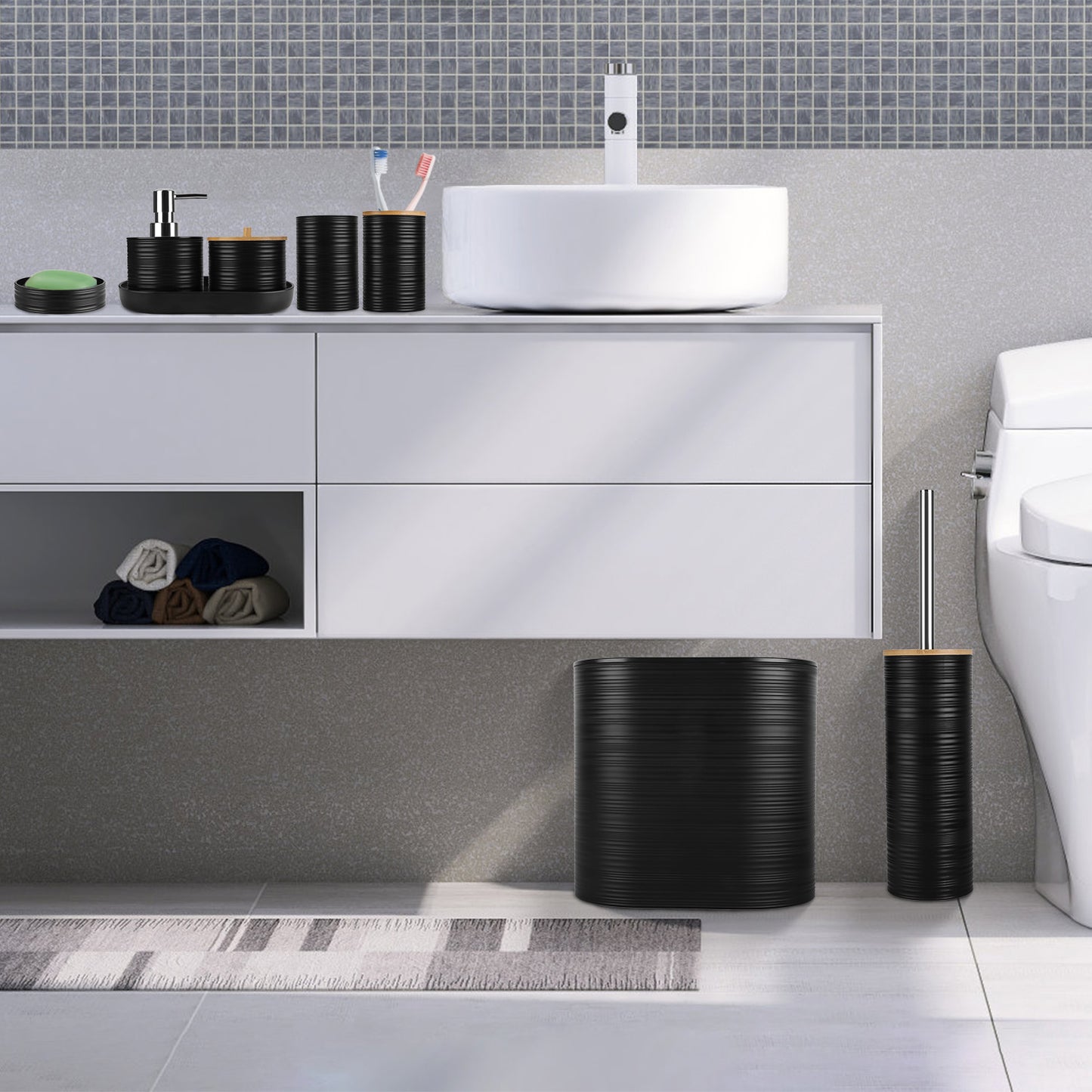8-Piece Bathroom Accessories Set with Bamboo Accents