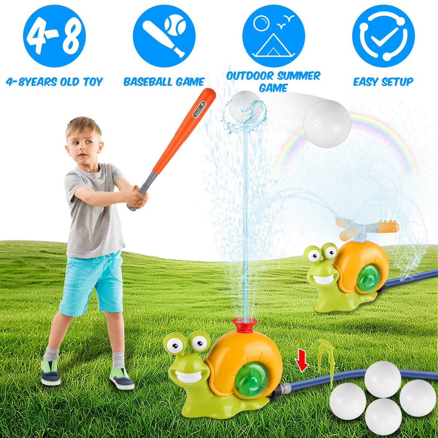 Snail Water Sprinkler Baseball Toy with 360° Rotating Spray
