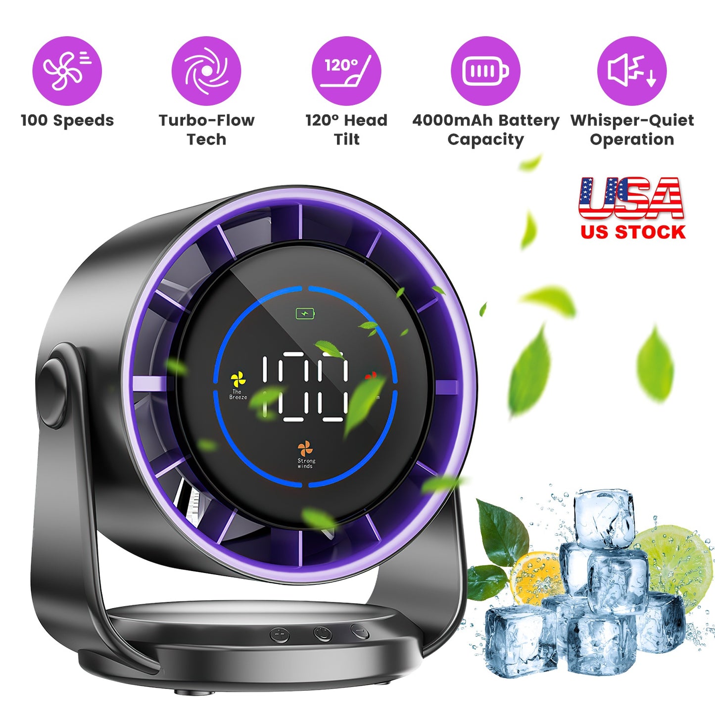 Rechargeable Desk Fan with 100 Speed Settings & Wall Mount