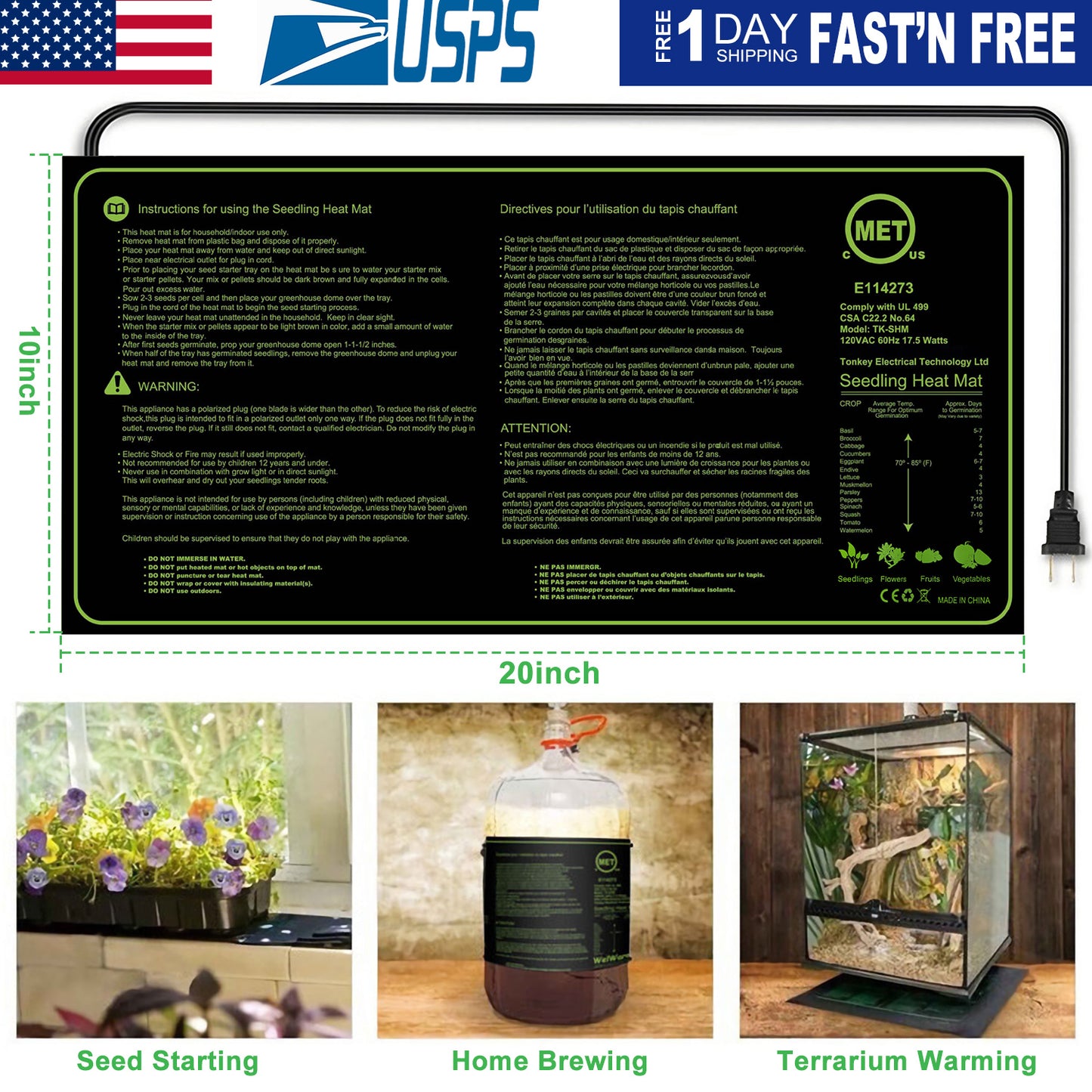Seedling Heat Mat 10x20 Waterproof for Seed Germination