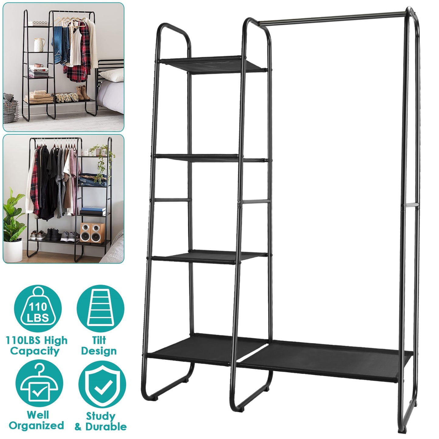 Metal Garment Rack with 5 Shelves and Hanging Rod