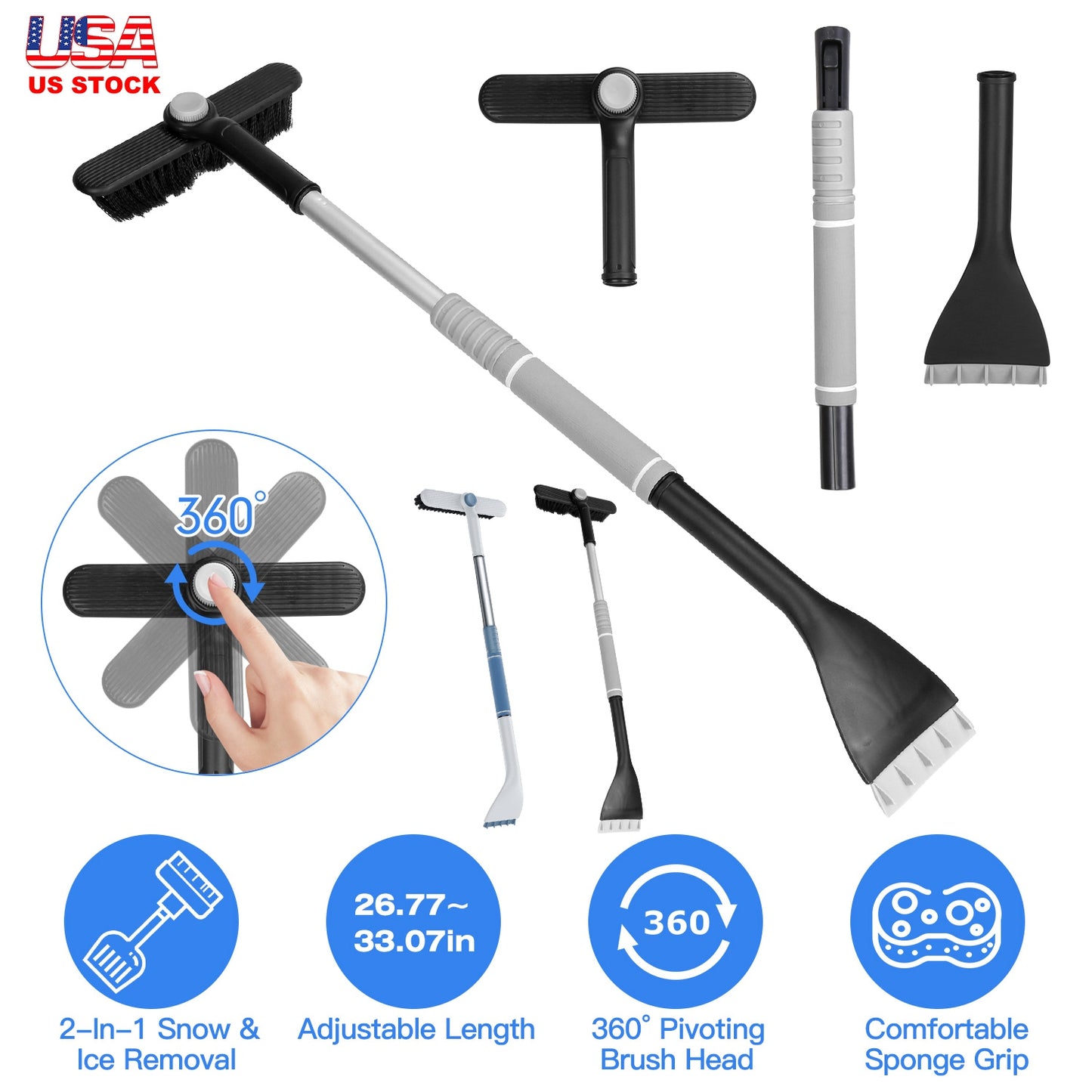 Extendable Snow Brush and Ice Scraper with 360° Pivoting Head