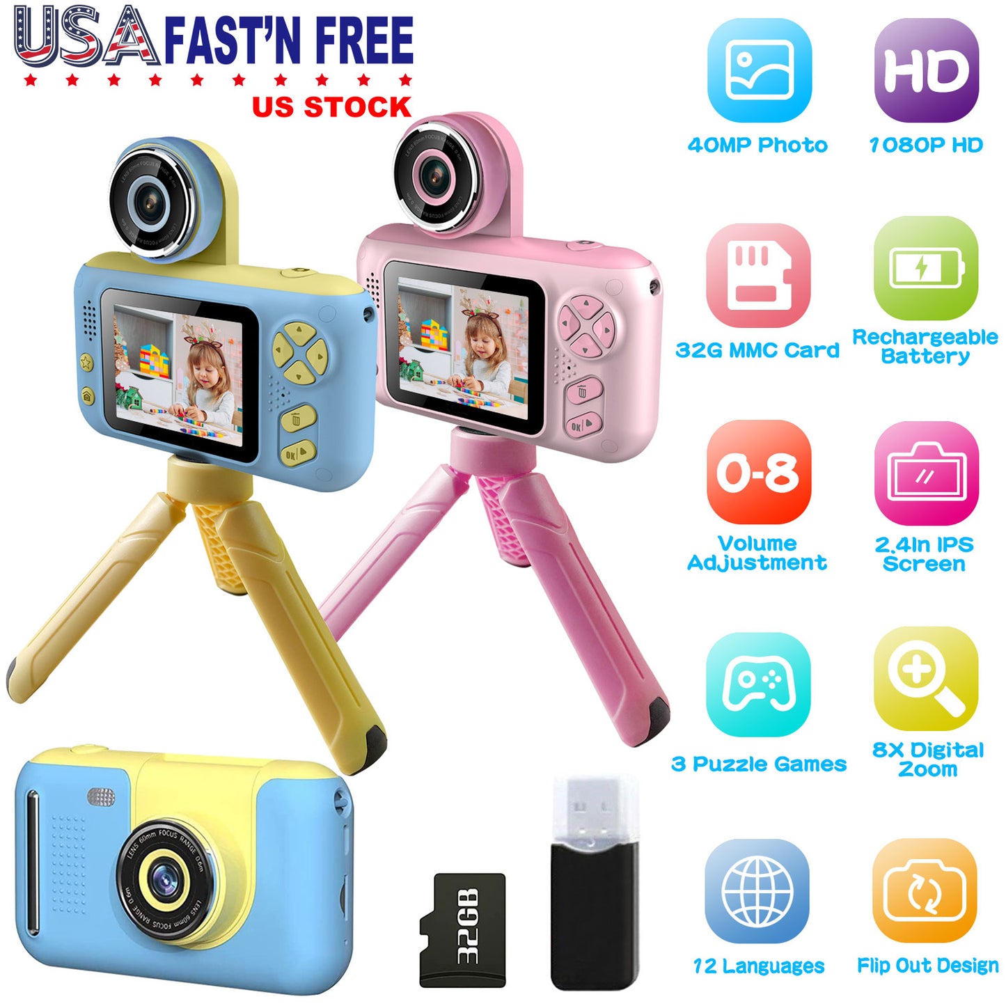 Kids Digital Camera with Flip Lens & 2.4" Screen
