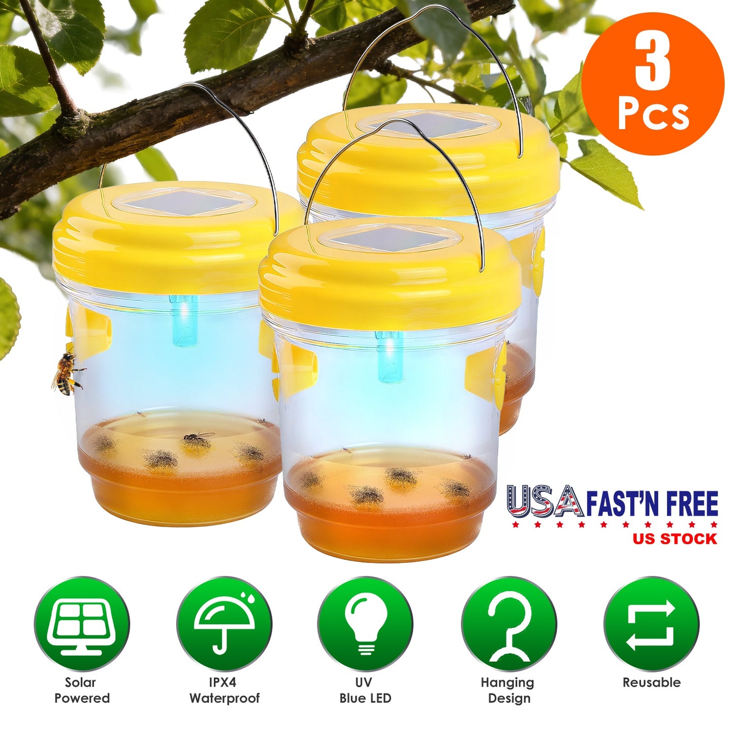 Solar Wasp Trap with UV Light - 3 Pack Outdoor Hanging