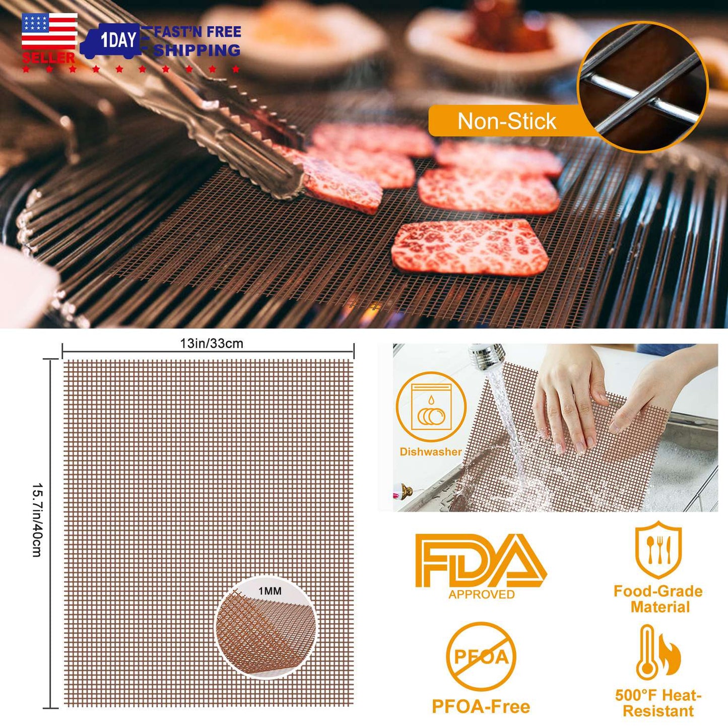 Non-Stick BBQ Grill Mat - Reusable Heat Resistant Mesh Liner
