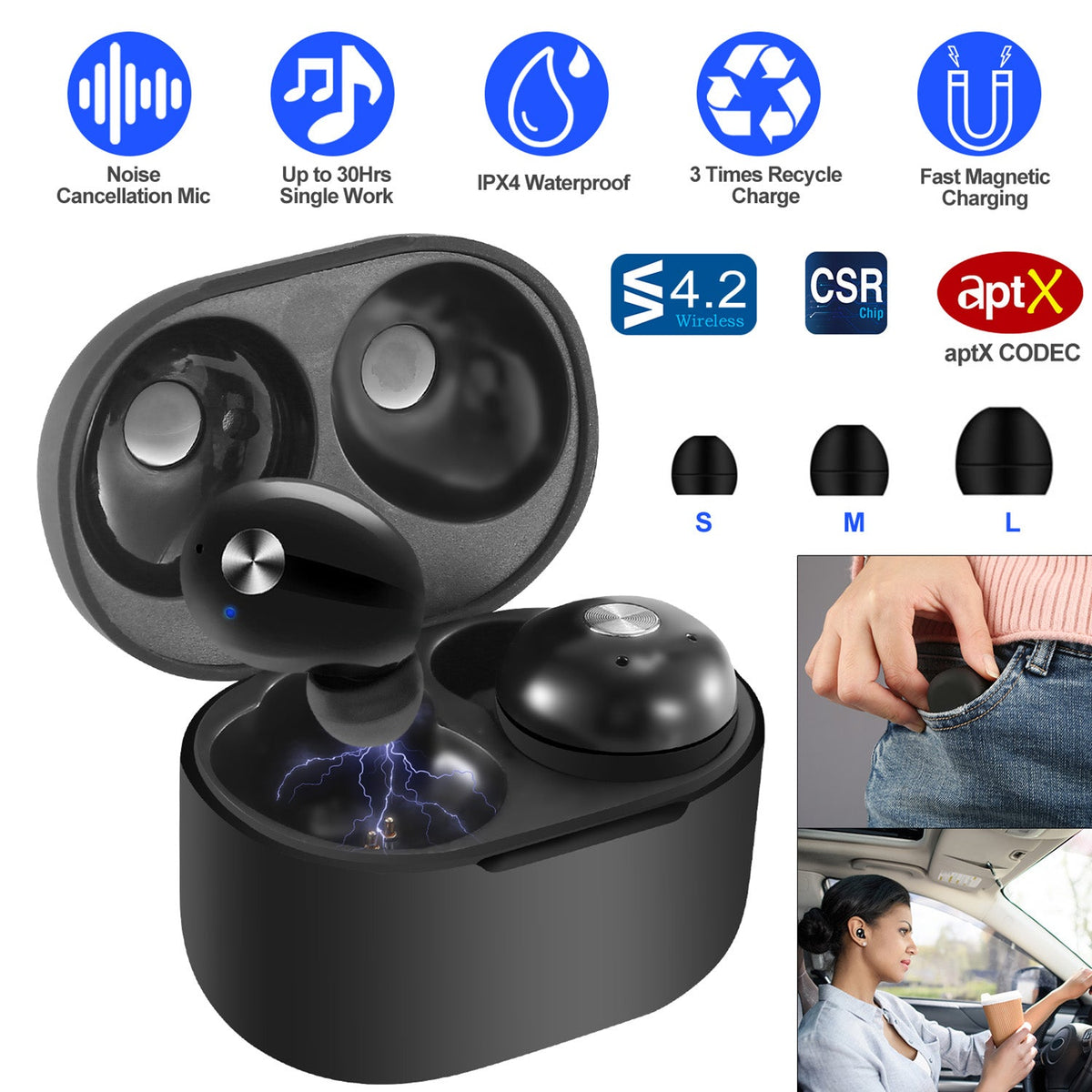 TWS True Wireless V4.2 Earbuds IPX4 In-ear stereo Earphone Hands-free Deep Bass Earpiece w/Mic Magnetic Charging Case 30Hrs Single Earbud Work Time Dr