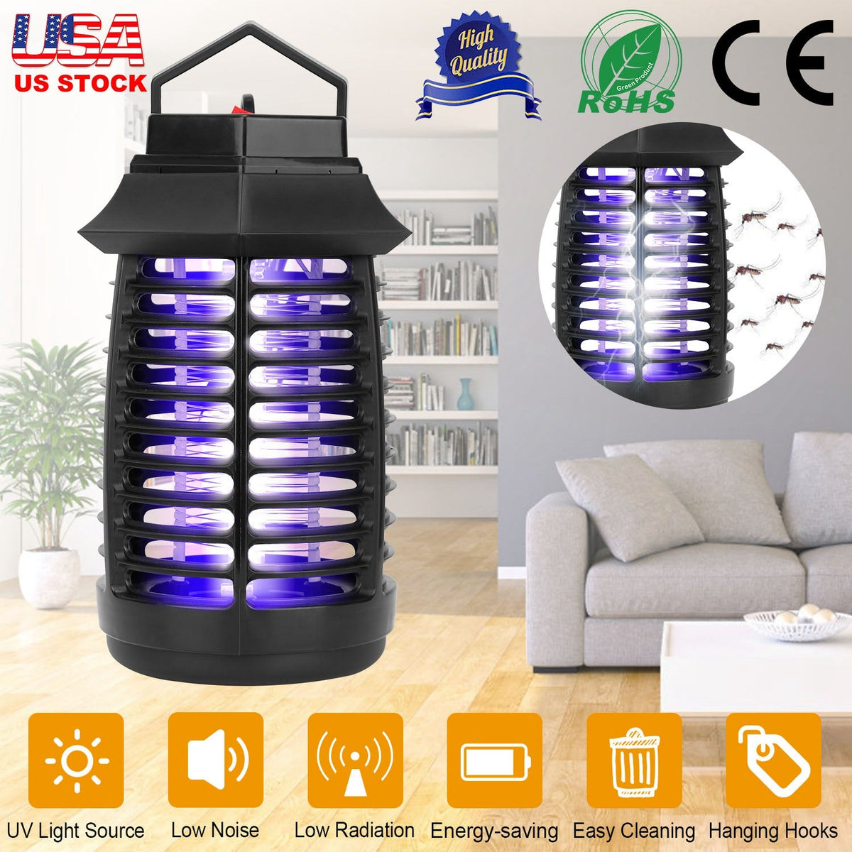 Bug Zapper Electric UV Mosquito Killer Lamp Insect Killer Light Pest Fly Trap Catcher Harmless Odorless Noiseless Narrow Safe Gap For Home Restaurant