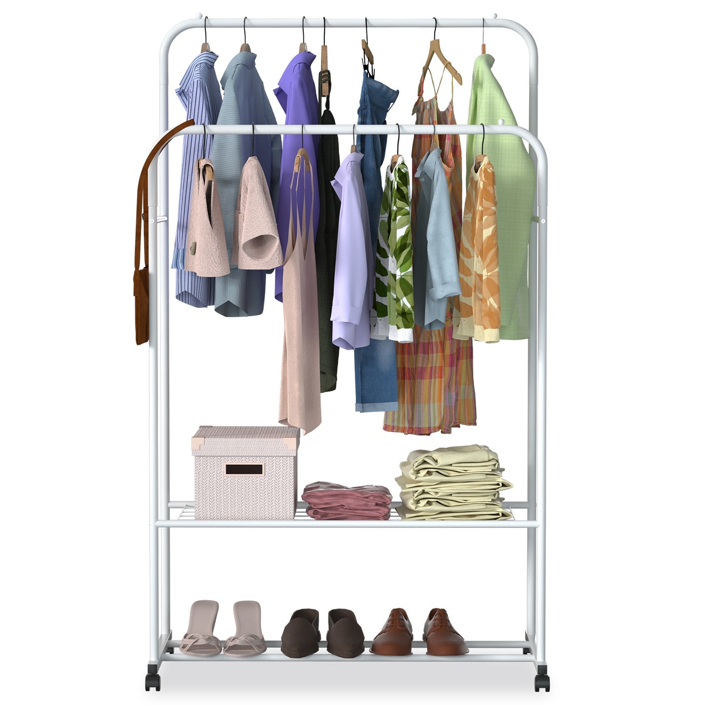 Rolling Garment Rack with Shoe Shelf and Dual Hanging Rails