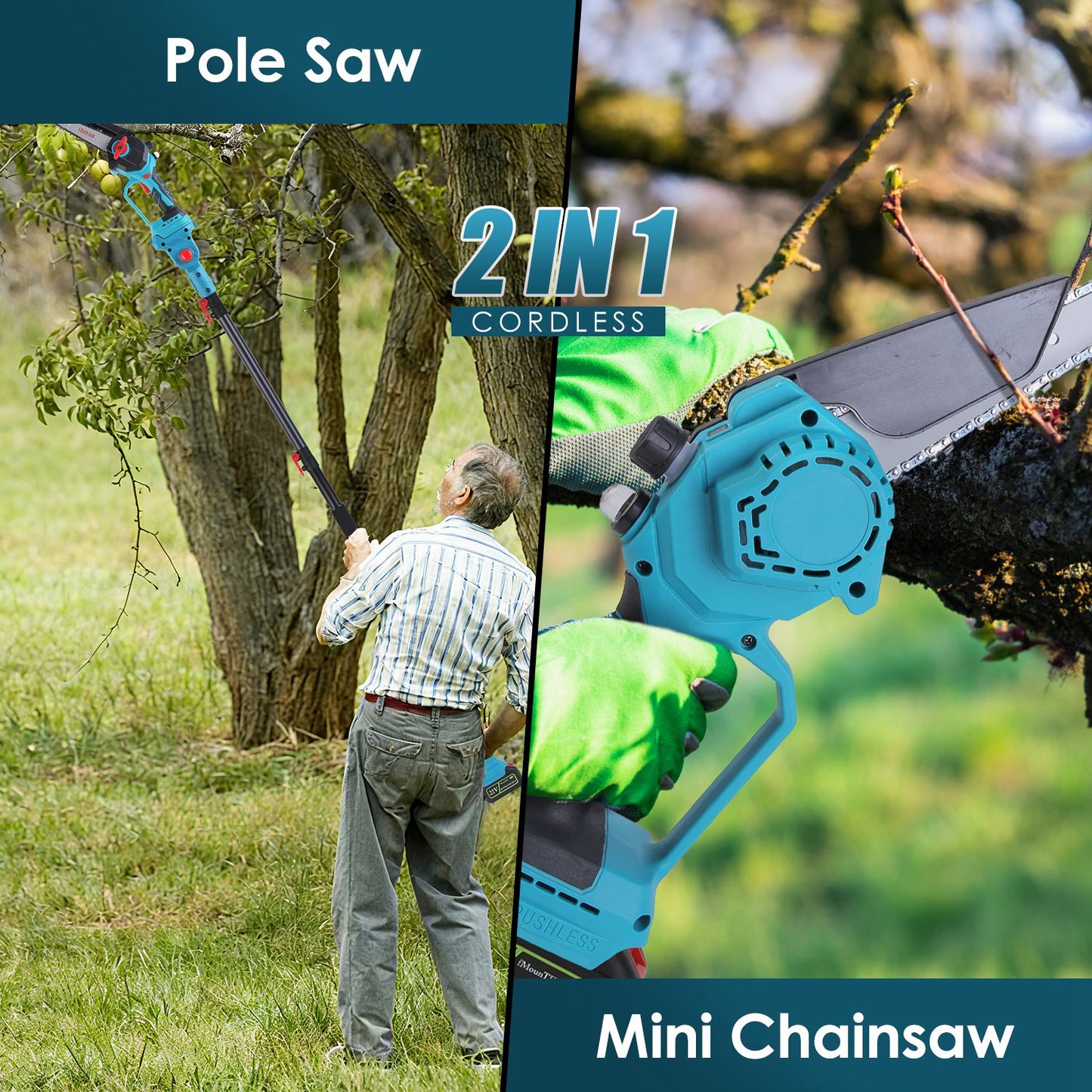 Cordless Pole Saw 2-in-1 with Extension Pole 21V Brushless