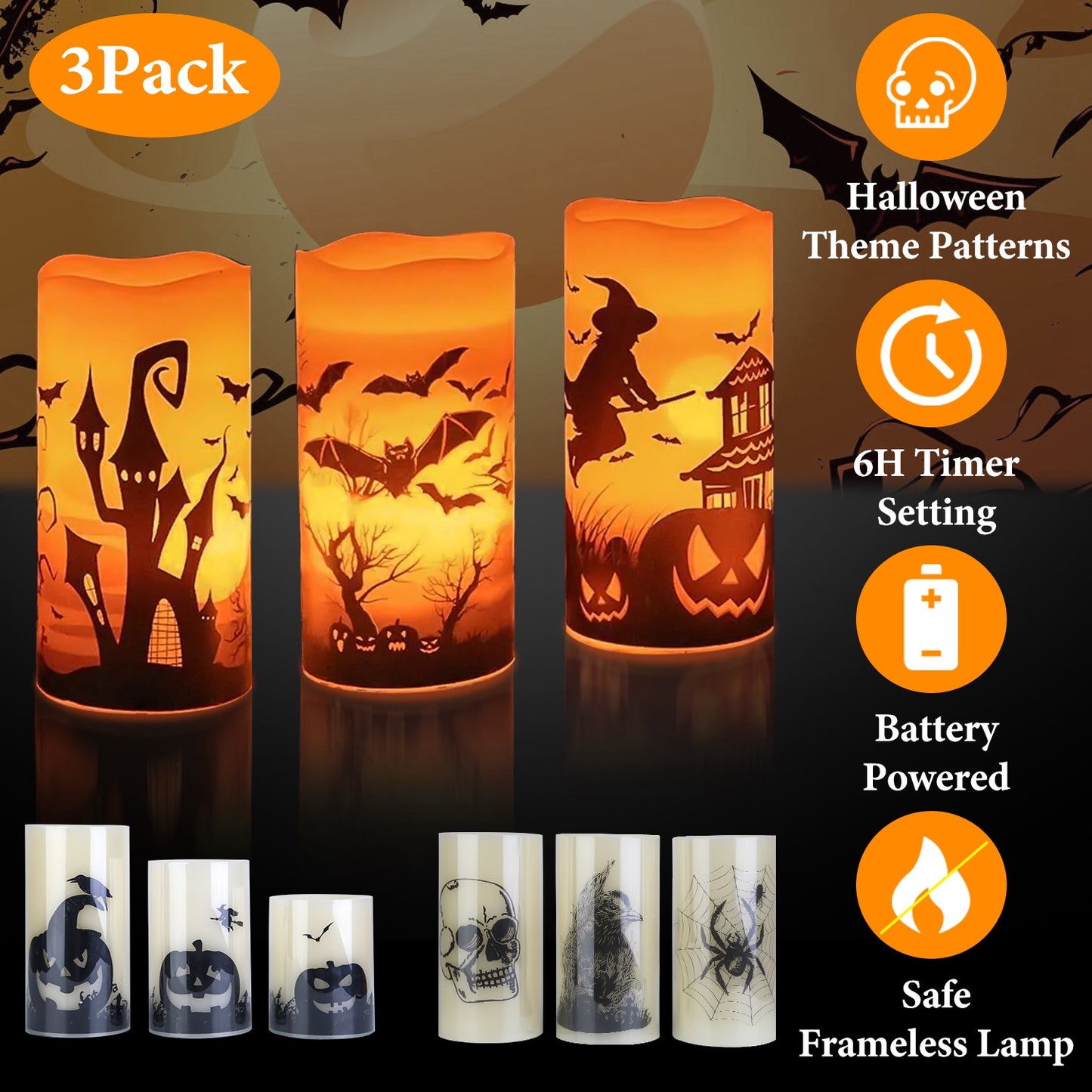 Flameless Halloween Candles with Timer - 3 Pack LED Battery Operated
