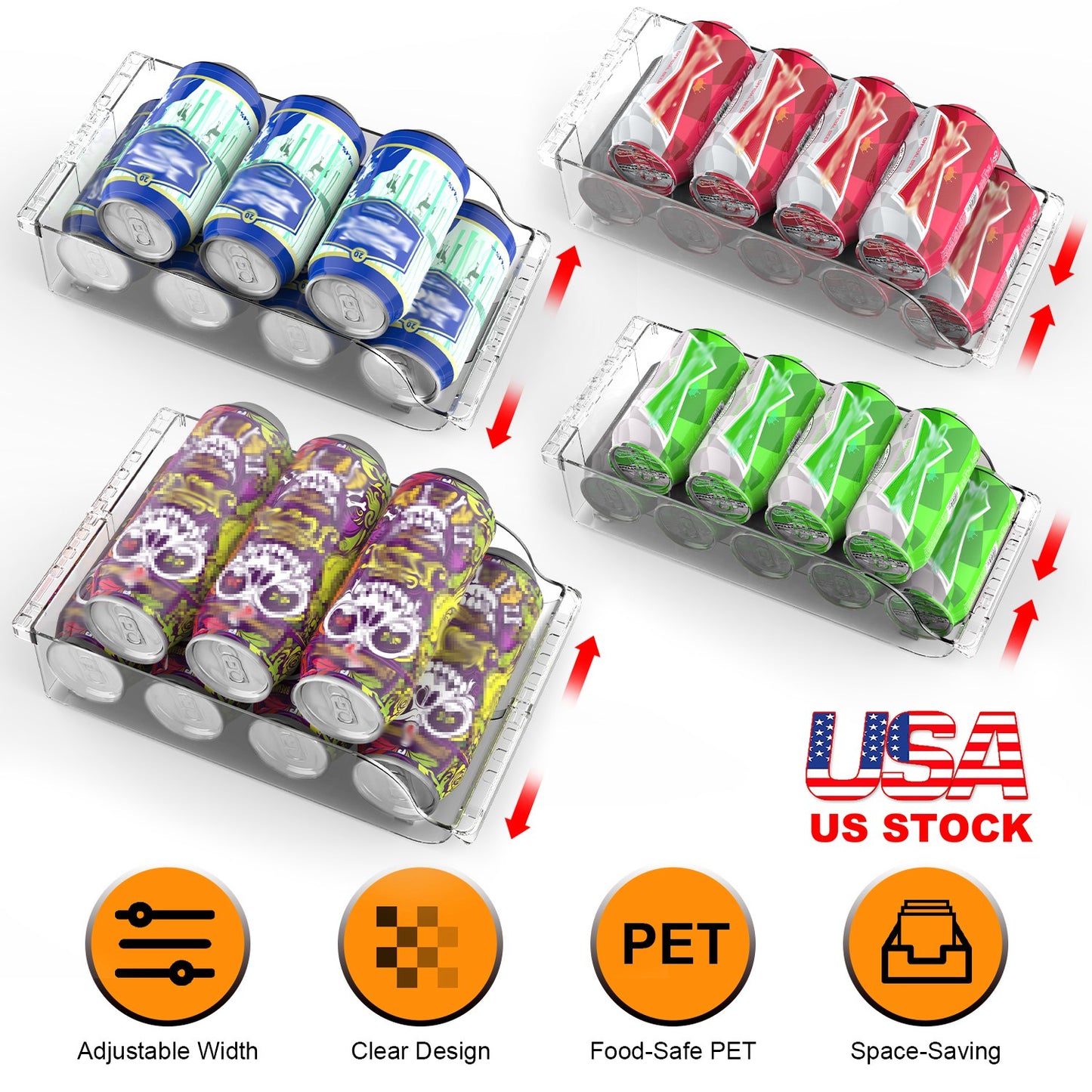 Adjustable Soda Can Organizer for Refrigerator - 4 Pack Clear