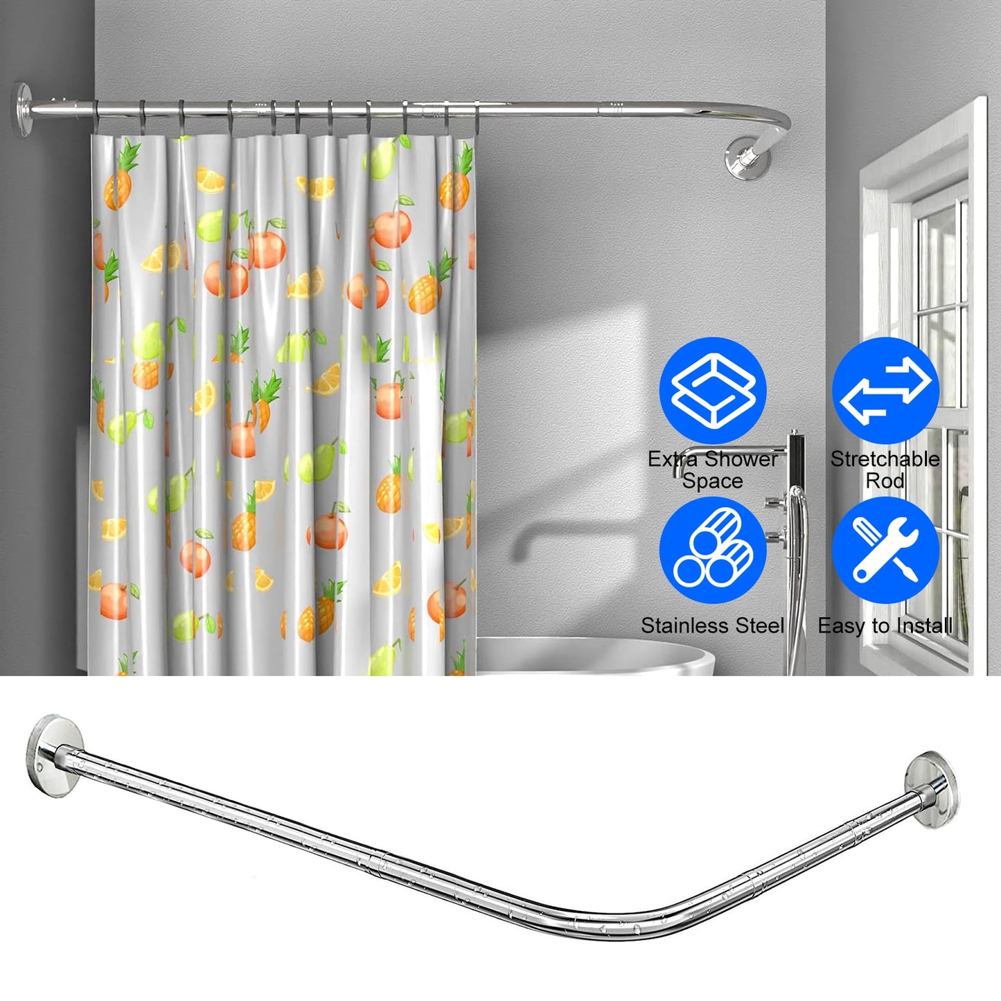 L-Shaped Curved Shower Curtain Rod - Stainless Steel