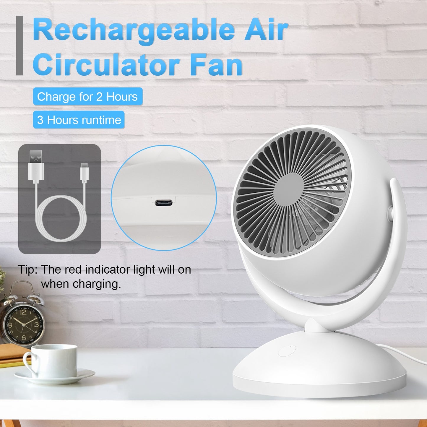 Rechargeable Desk Fan with 4 Speeds and Auto Oscillation