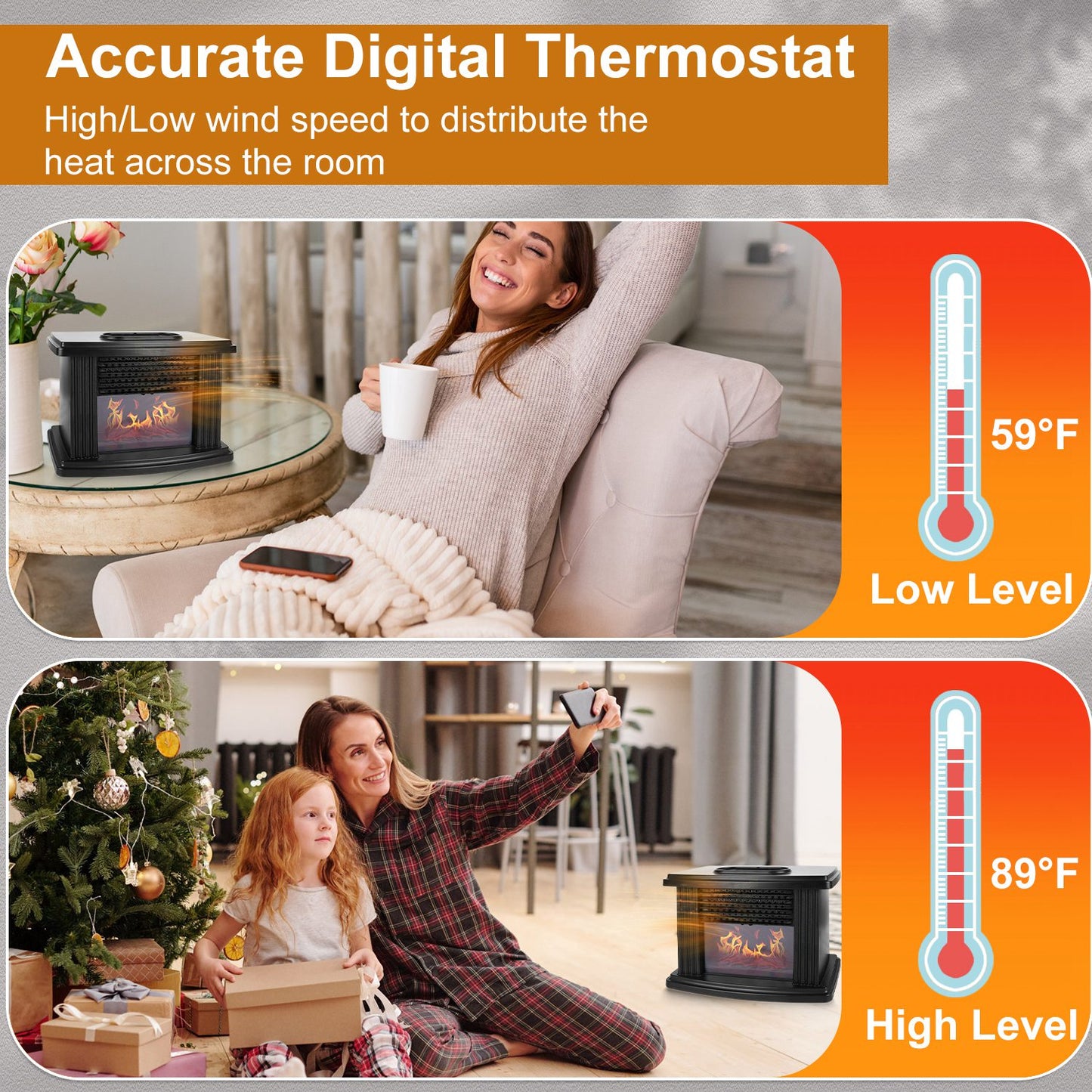 Electric Fireplace Heater 800W with Remote & Timer Control