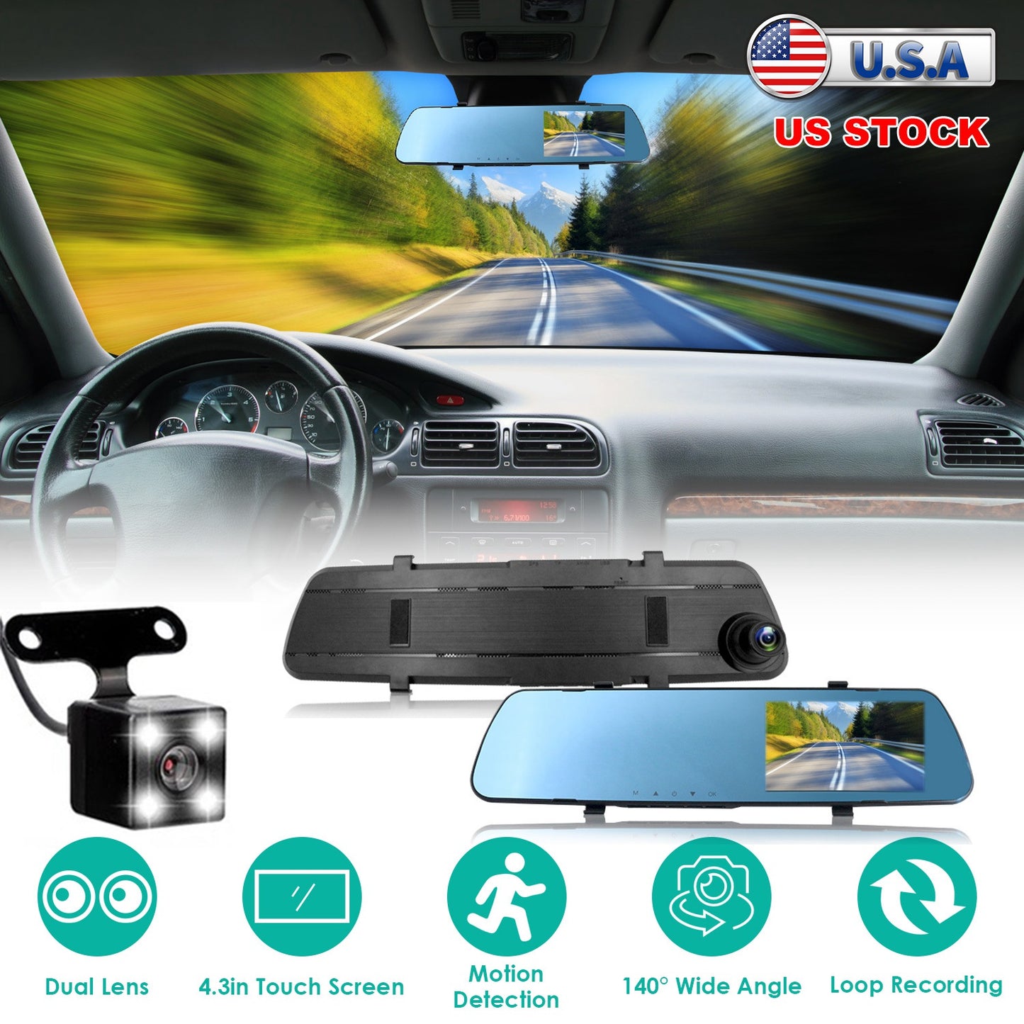 Dual Dash Cam 1080P Front & Rear with 4.3" Touch Screen