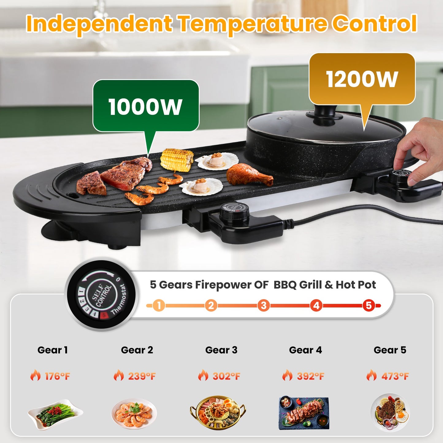 Electric Hot Pot with BBQ Grill 2-in-1 Cooker 2200W