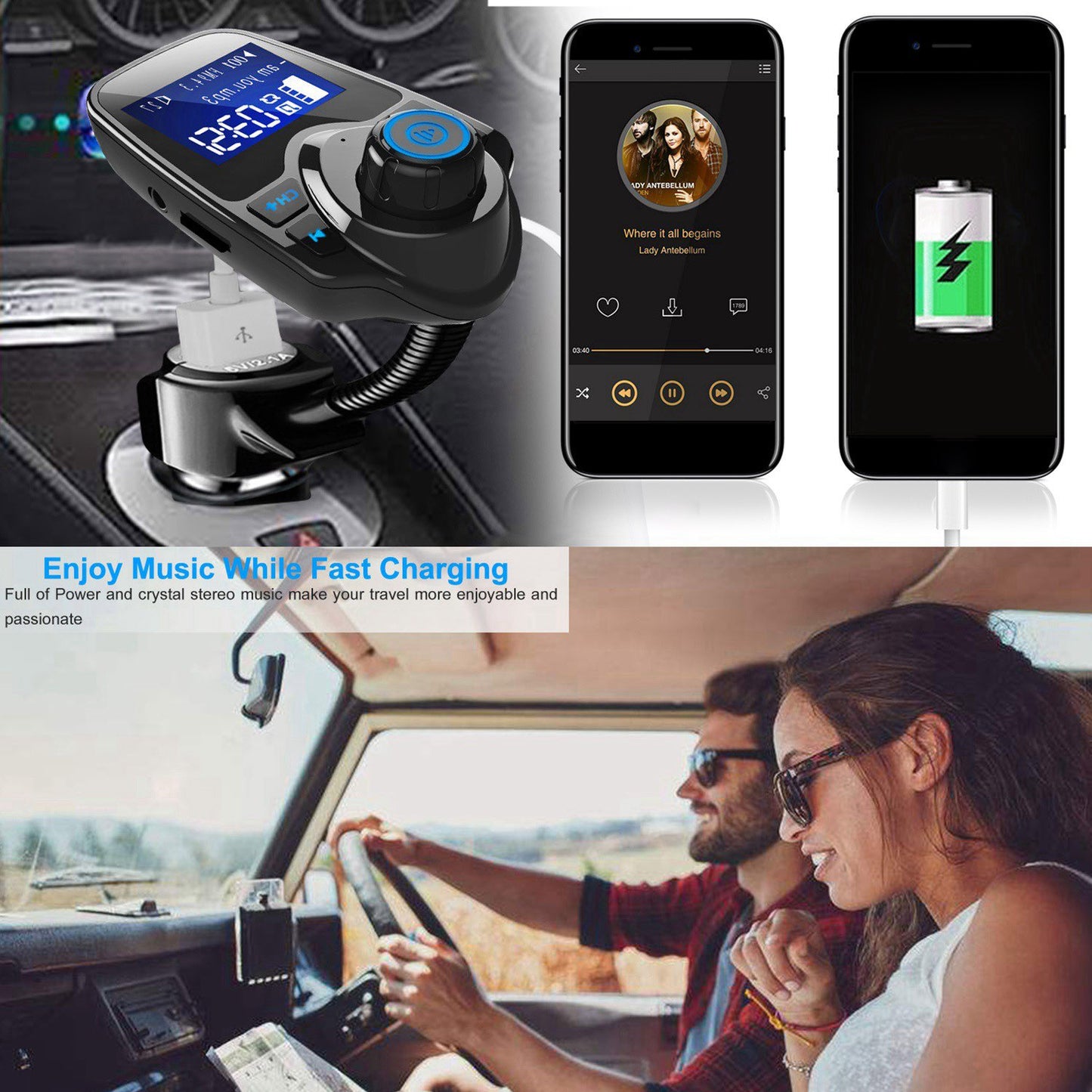 Wireless FM Transmitter with USB Fast Charge & Hands-Free Calling