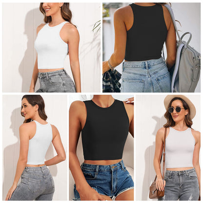 Women Sleeveless Cropped Tank Top High Neck Crop Racer Back Workout Top Machine Washable Summer S M L XL 2XL