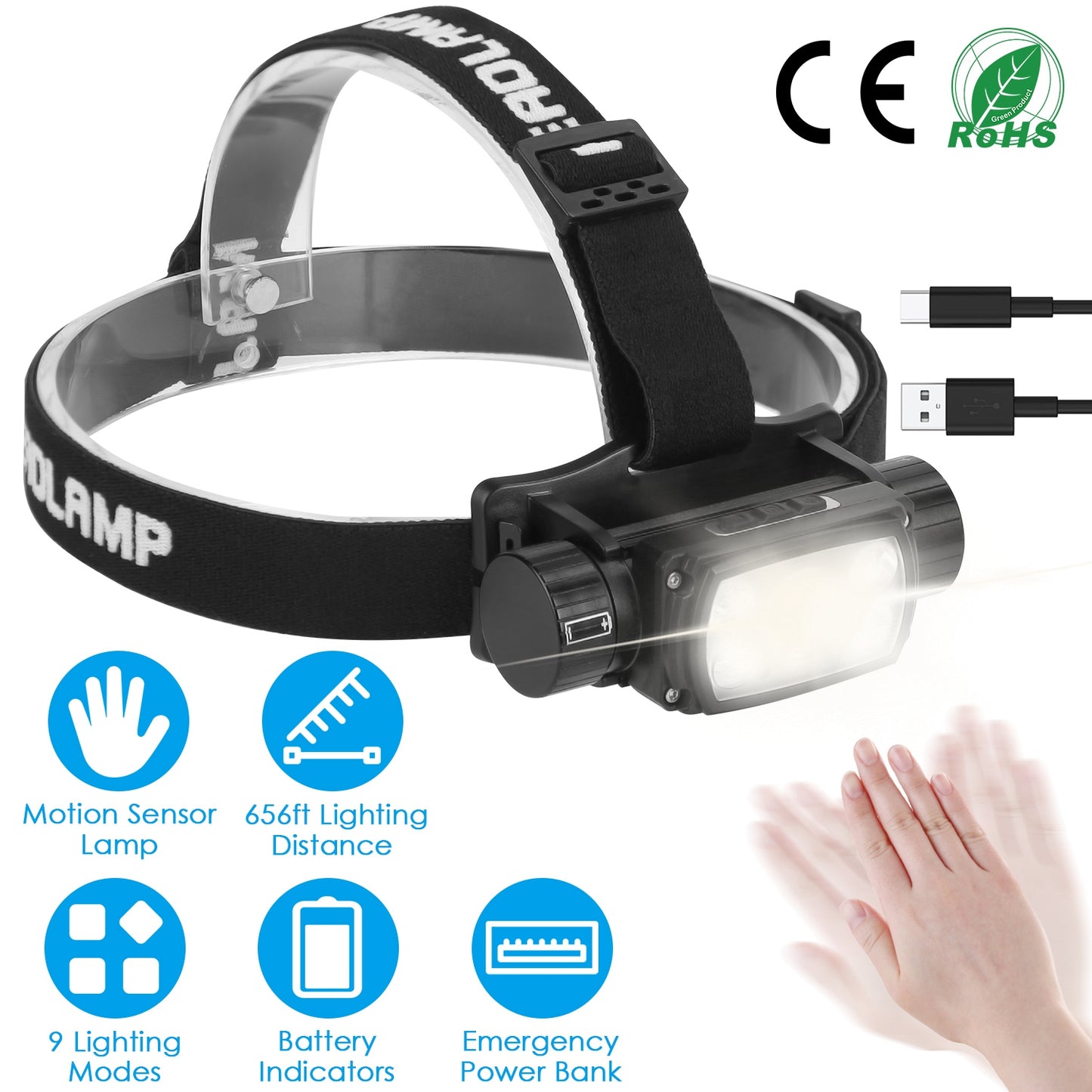 Motion Sensor Headlamp with 9 Modes & Hand Wave Control