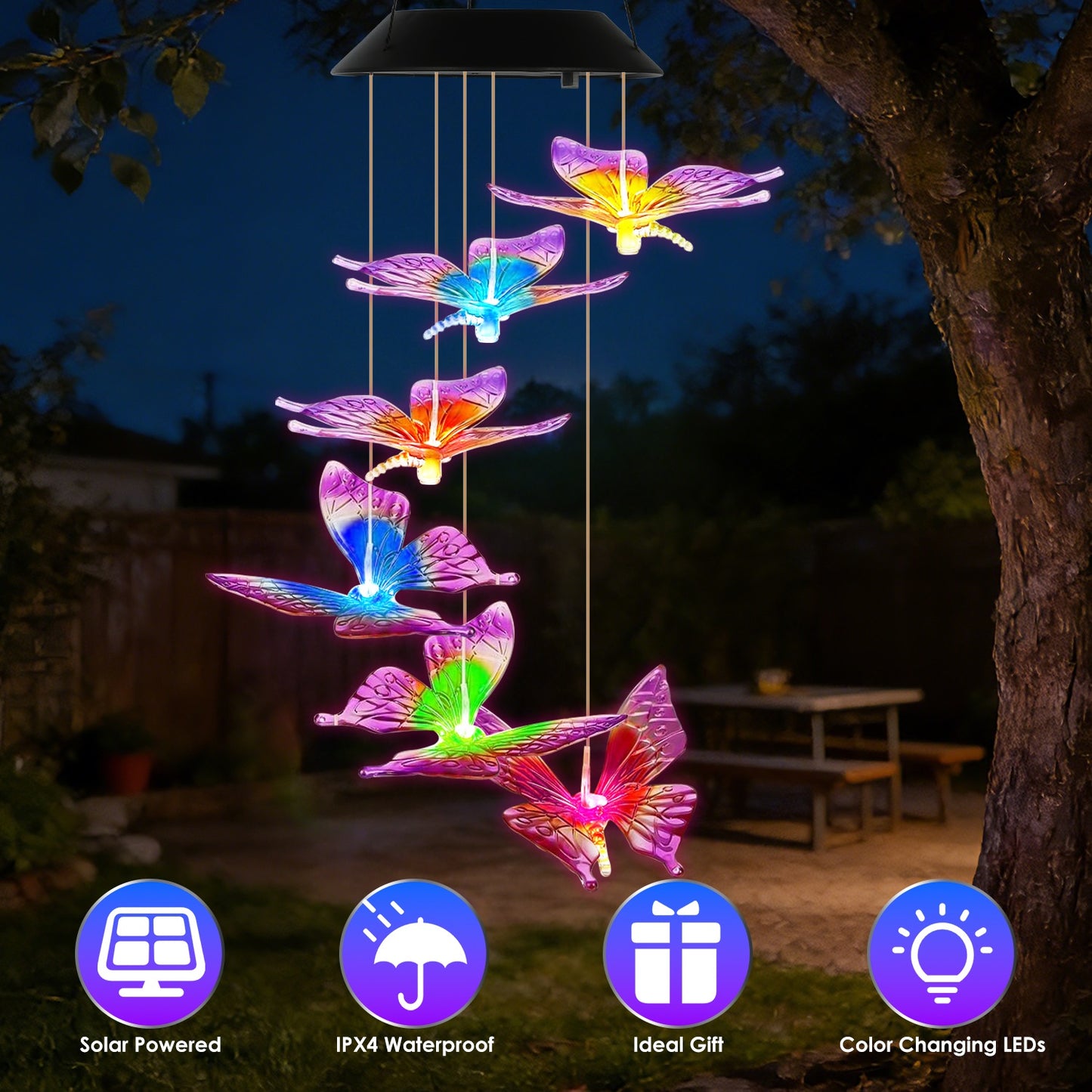 Solar Butterfly Wind Chimes with Color Changing LED Lights