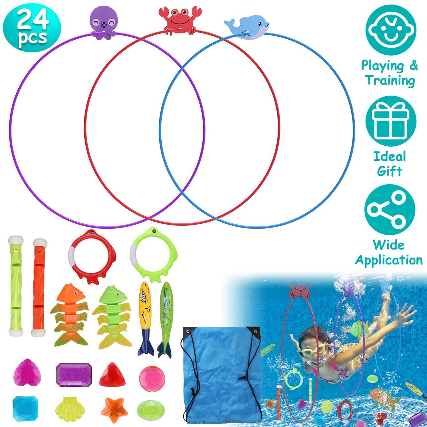 Swimming Pool Diving Toys Set - 24 Pieces with Storage Bag
