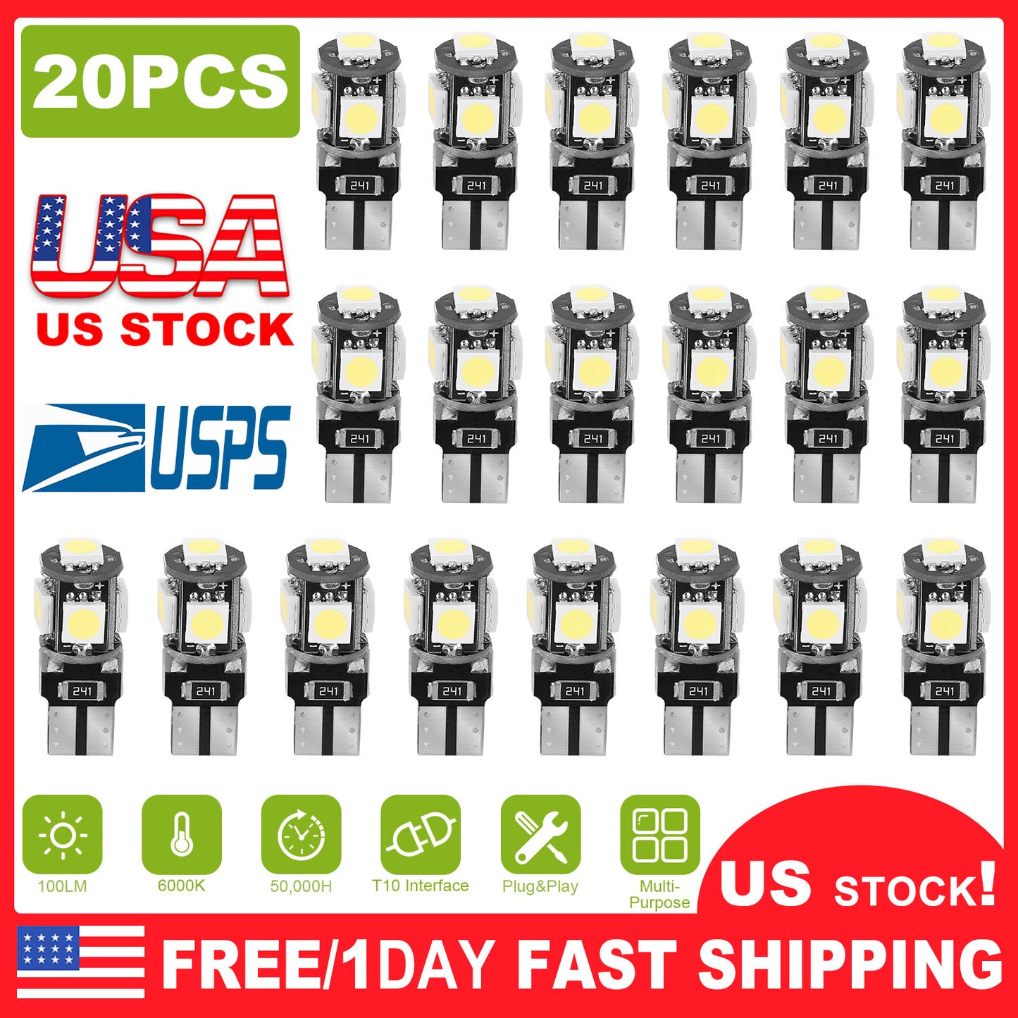 T10 LED Light Bulbs 20-Pack 6000K White Car Interior Lights