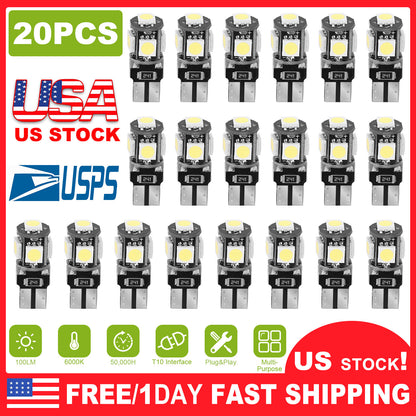 T10 LED Light Bulbs 20-Pack 6000K White Car Interior Lights