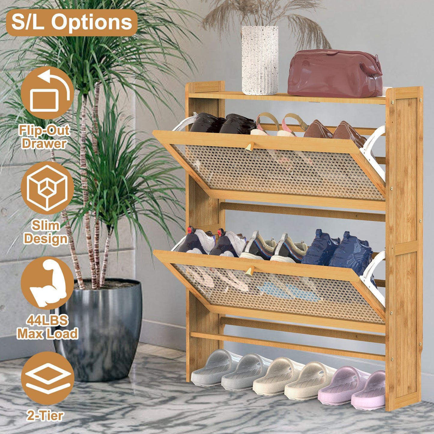 2-Tier Bamboo Shoe Cabinet with Flip Drawers for Entryway