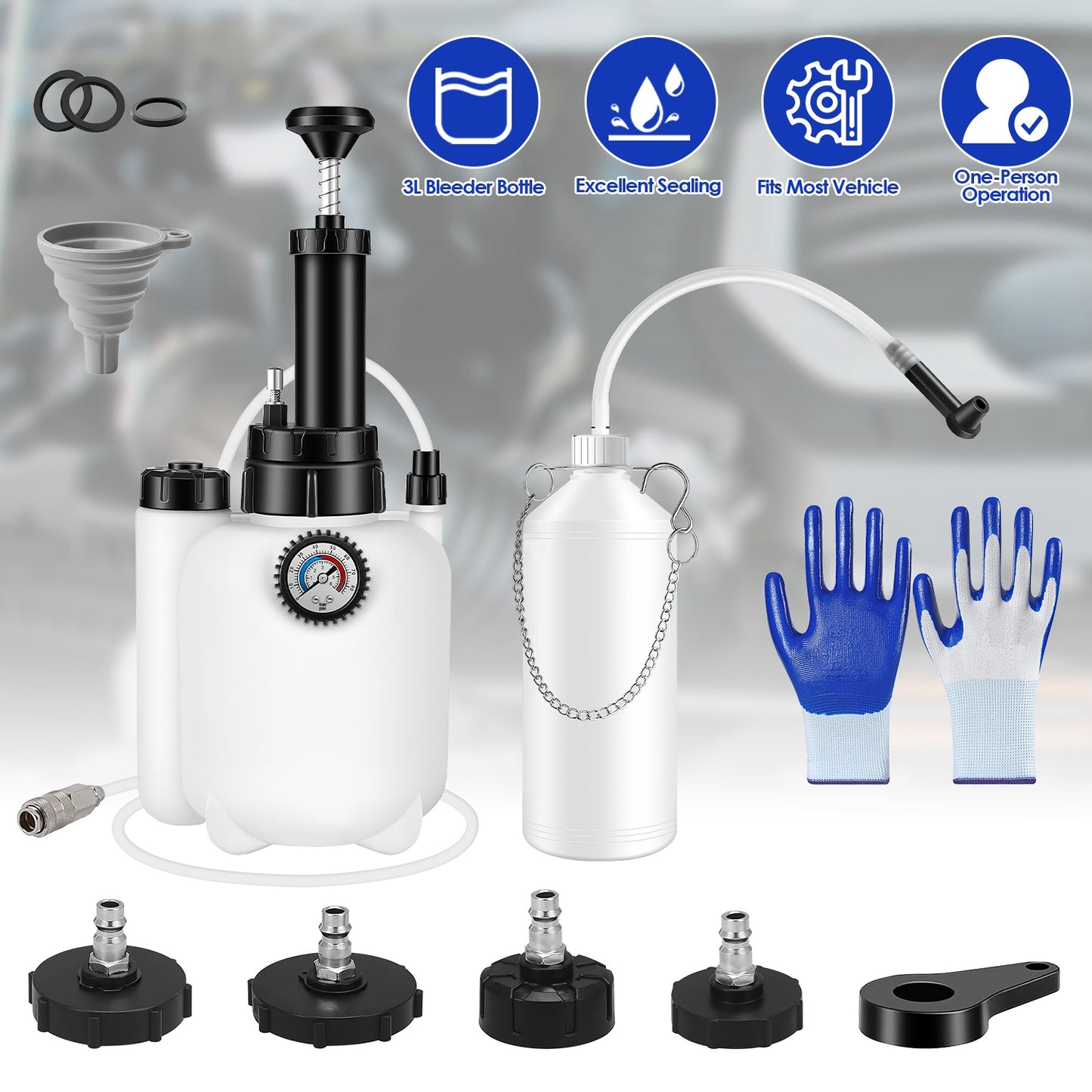 3L Manual Brake Bleeder Kit with 4 Adapter Caps
