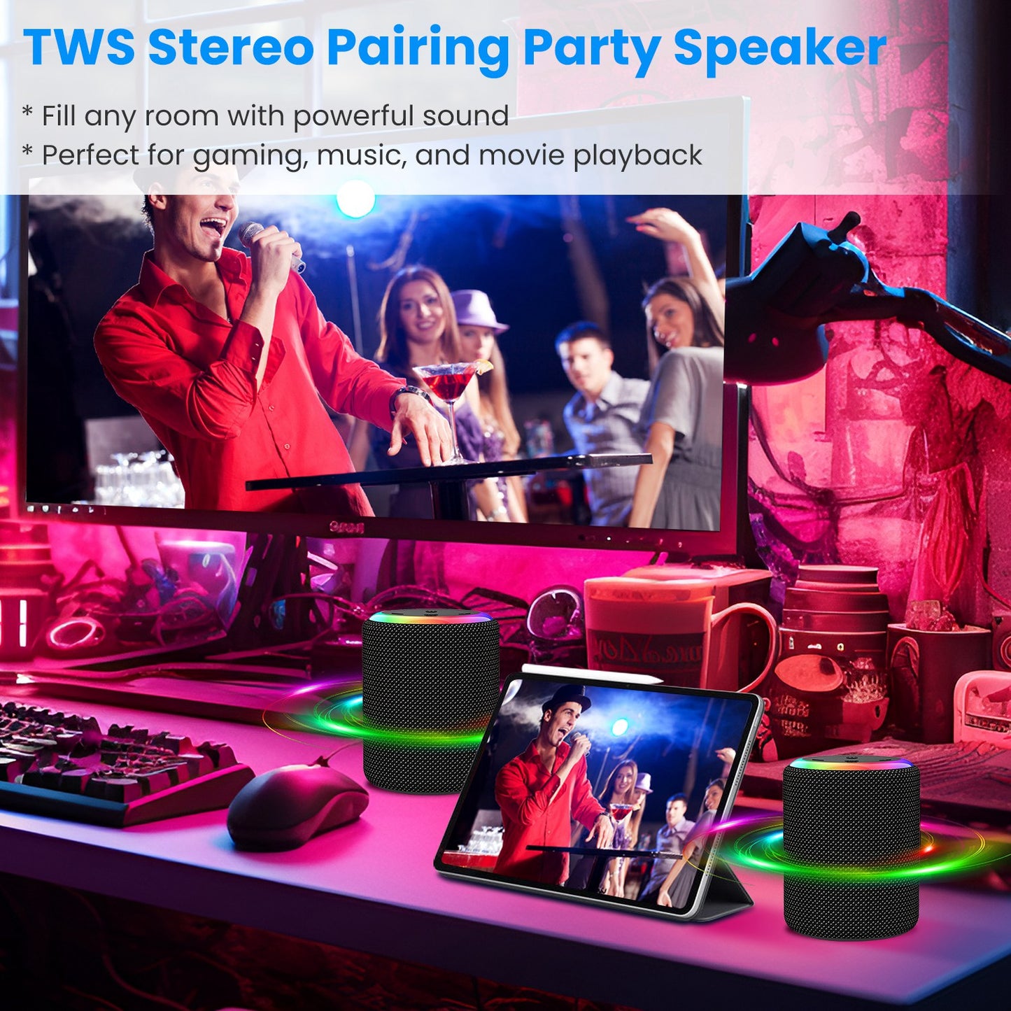 Portable Wireless Speaker with RGB Lights & IPX6 Waterproof