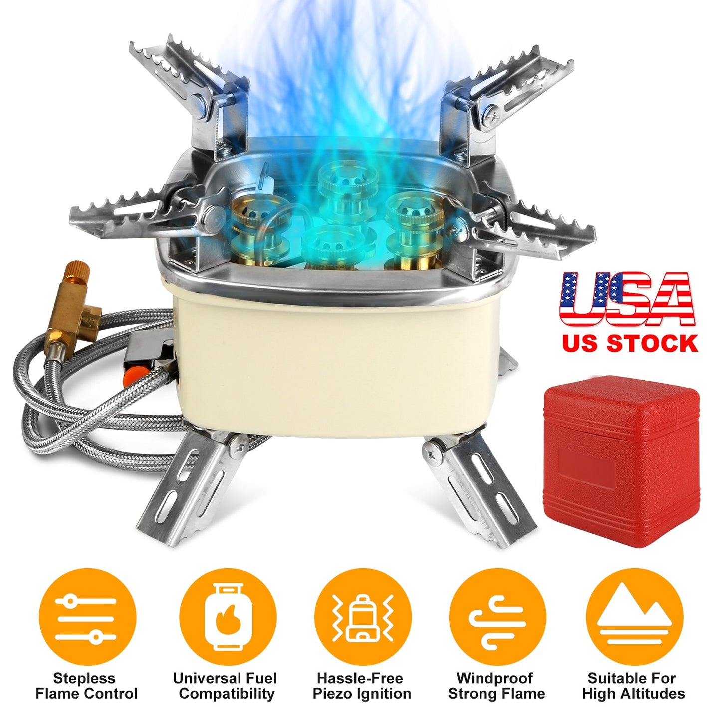 Portable Camping Stove 13000W 5-Head Gas Burner with Piezo Ignition