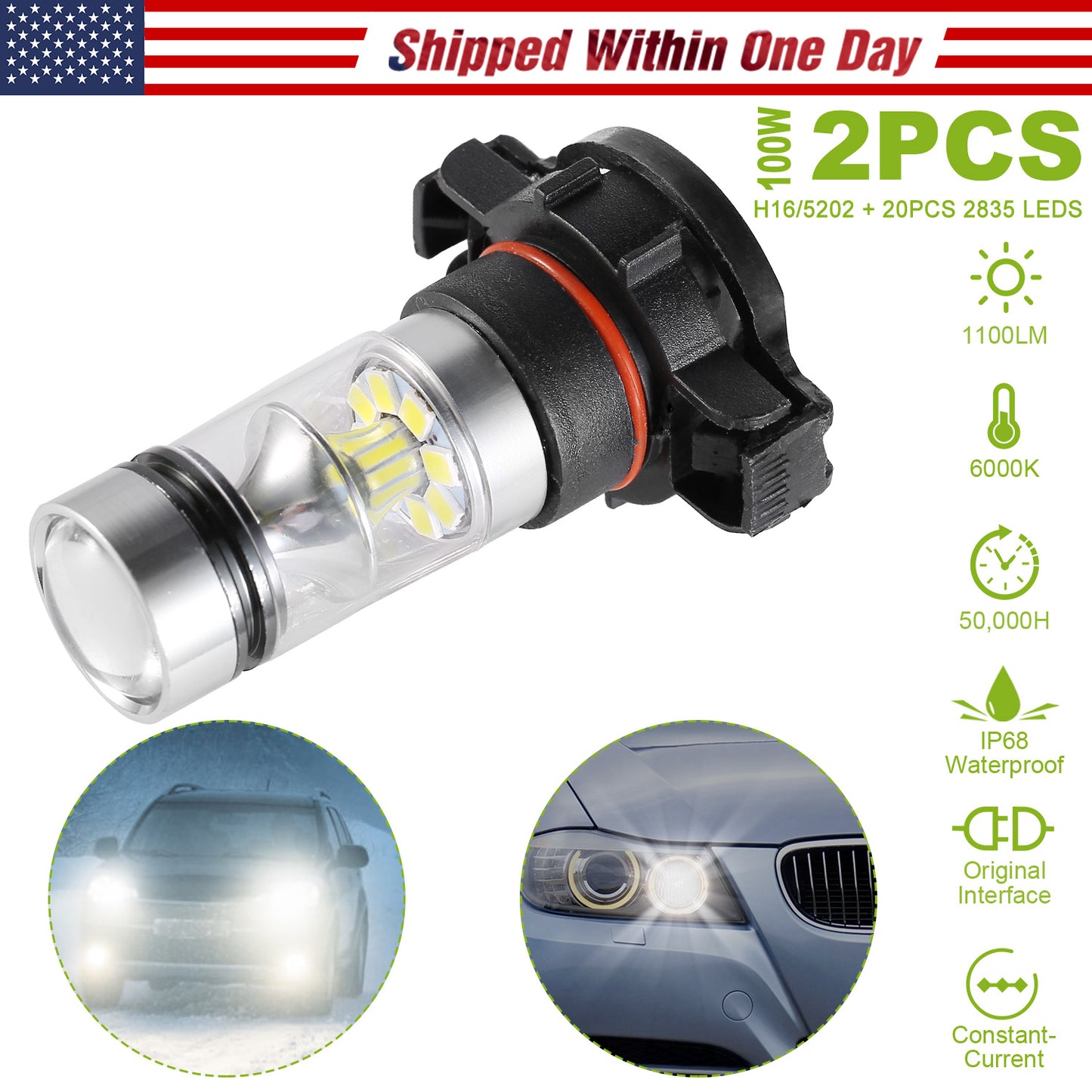 H16 5202 LED Fog Light Bulbs 6000K White 1100LM (2-Pack)