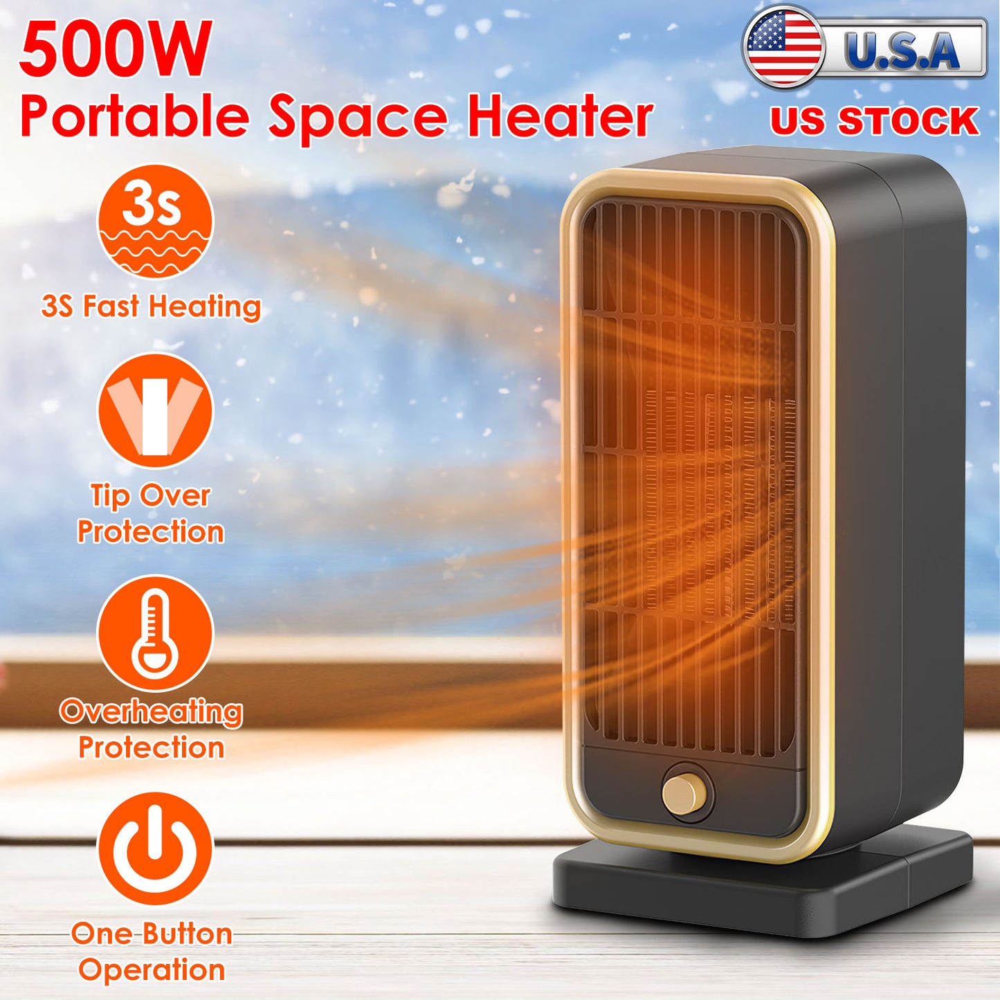 500W Portable Ceramic Space Heater with Tip-Over Protection