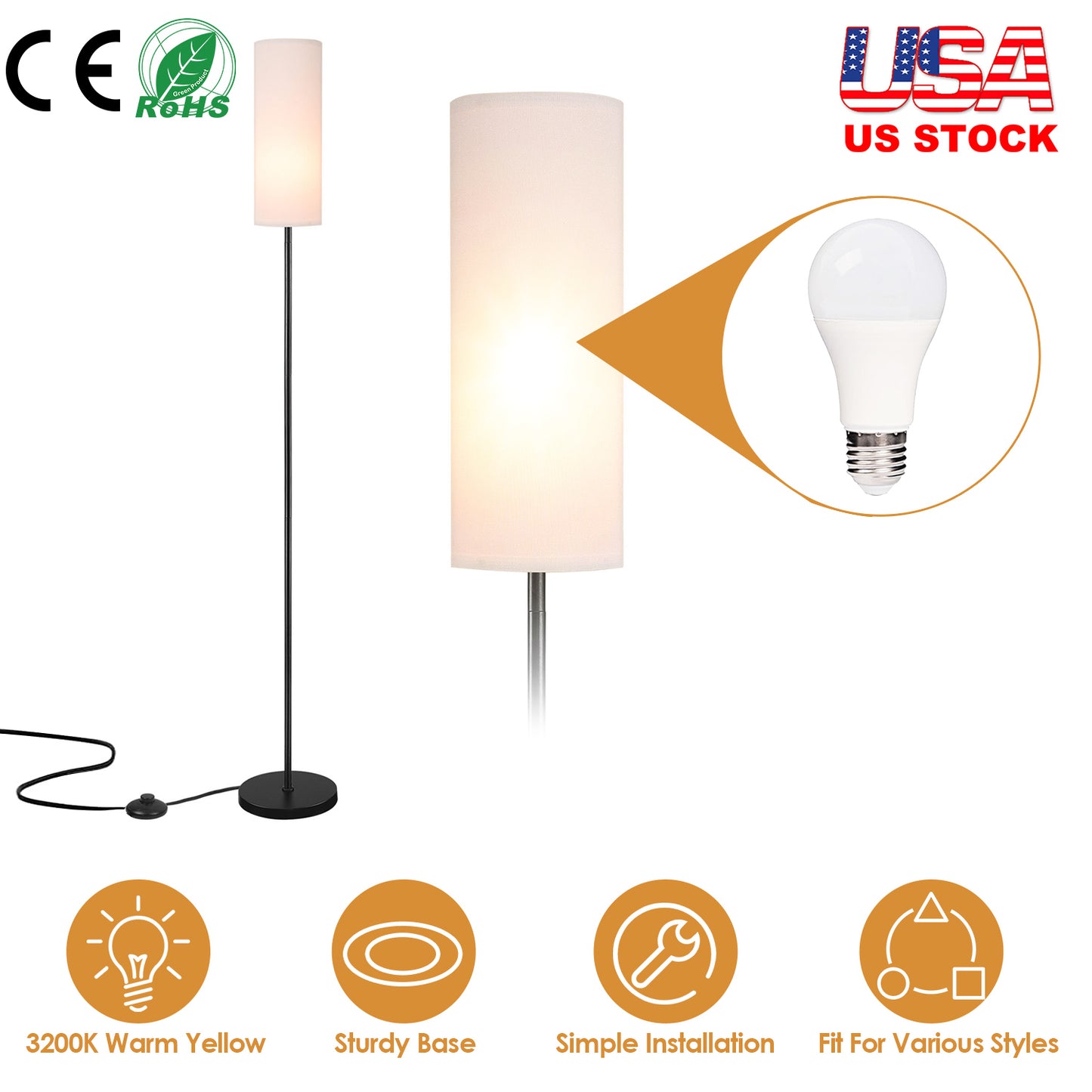 74.8" Floor Lamp with Fabric Shade - Warm Yellow Light