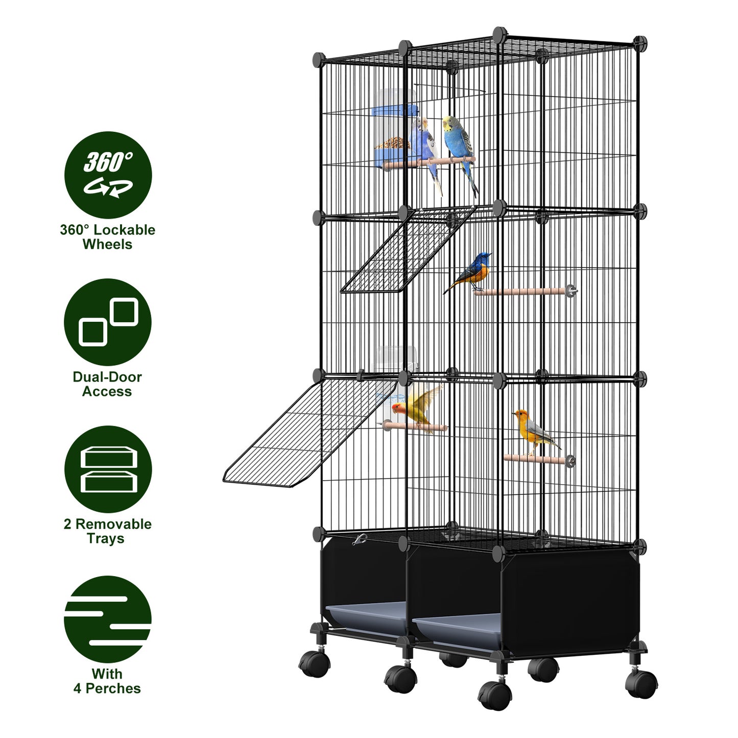46in Bird Cage with Wooden Perches and Lockable Wheels