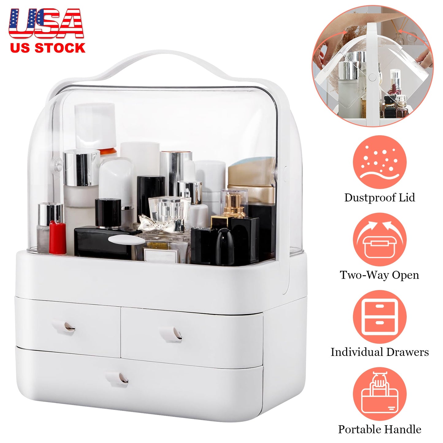 3-Tier Makeup Organizer with Dustproof Lid and Drawers