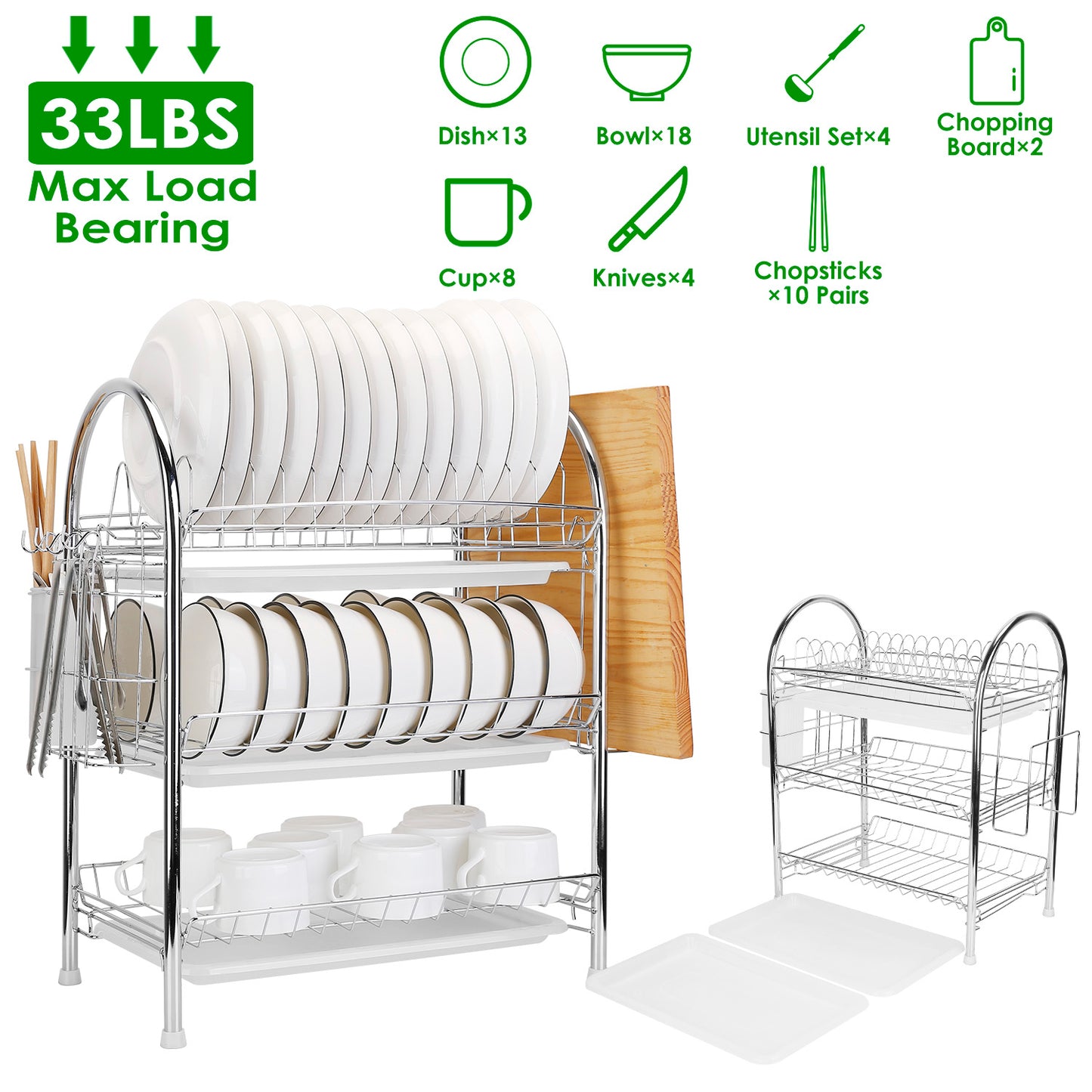 3-Tier Dish Drying Rack with Utensil Holder & Drain Trays