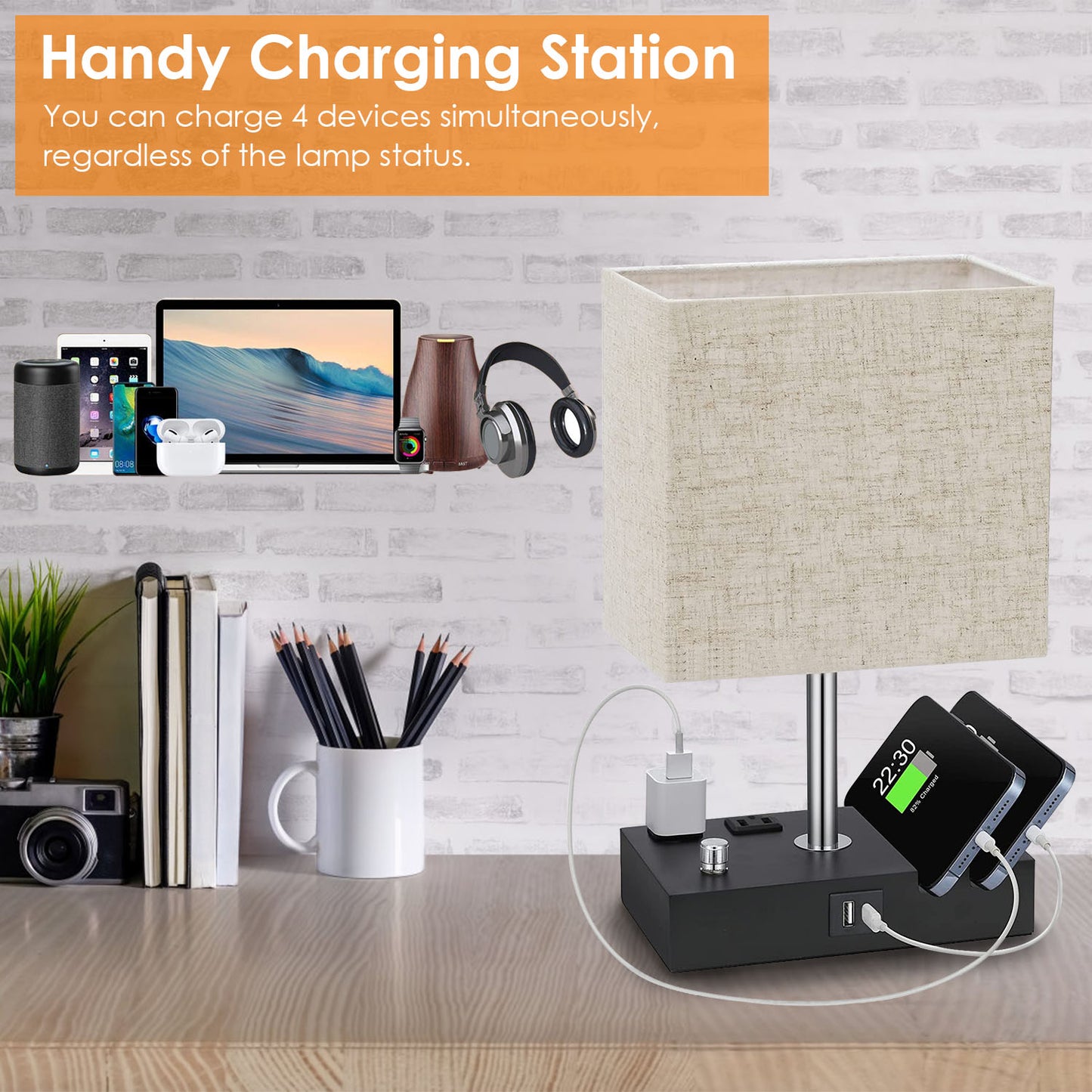 Dimmable Table Lamp with USB Ports and AC Outlets