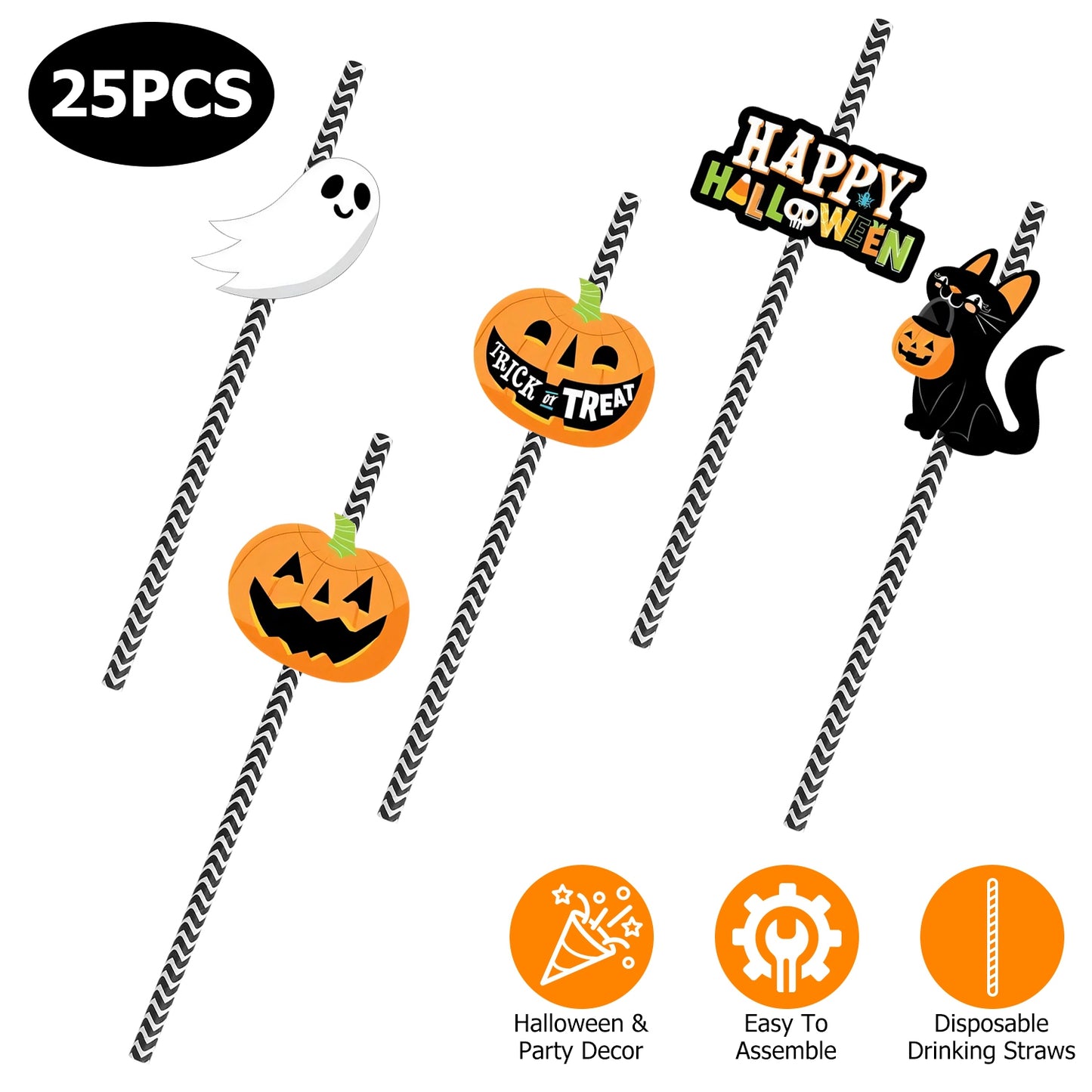 Halloween Party Paper Straws with Decorative Cards - 25 Pack
