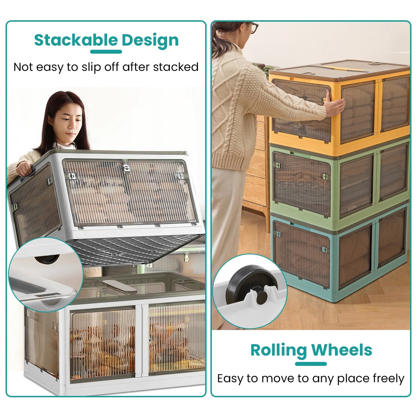 Foldable Storage Bins with Lids & Wheels - 3 Pack Stackable