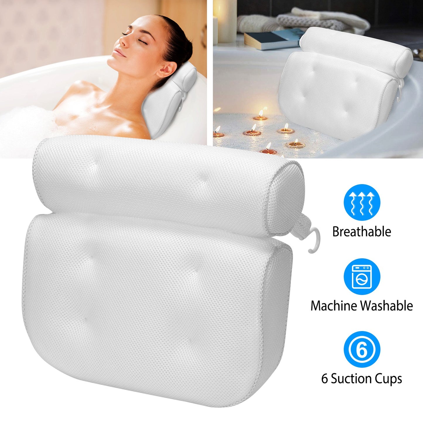 Bath Pillow with Suction Cups for Neck and Head Support