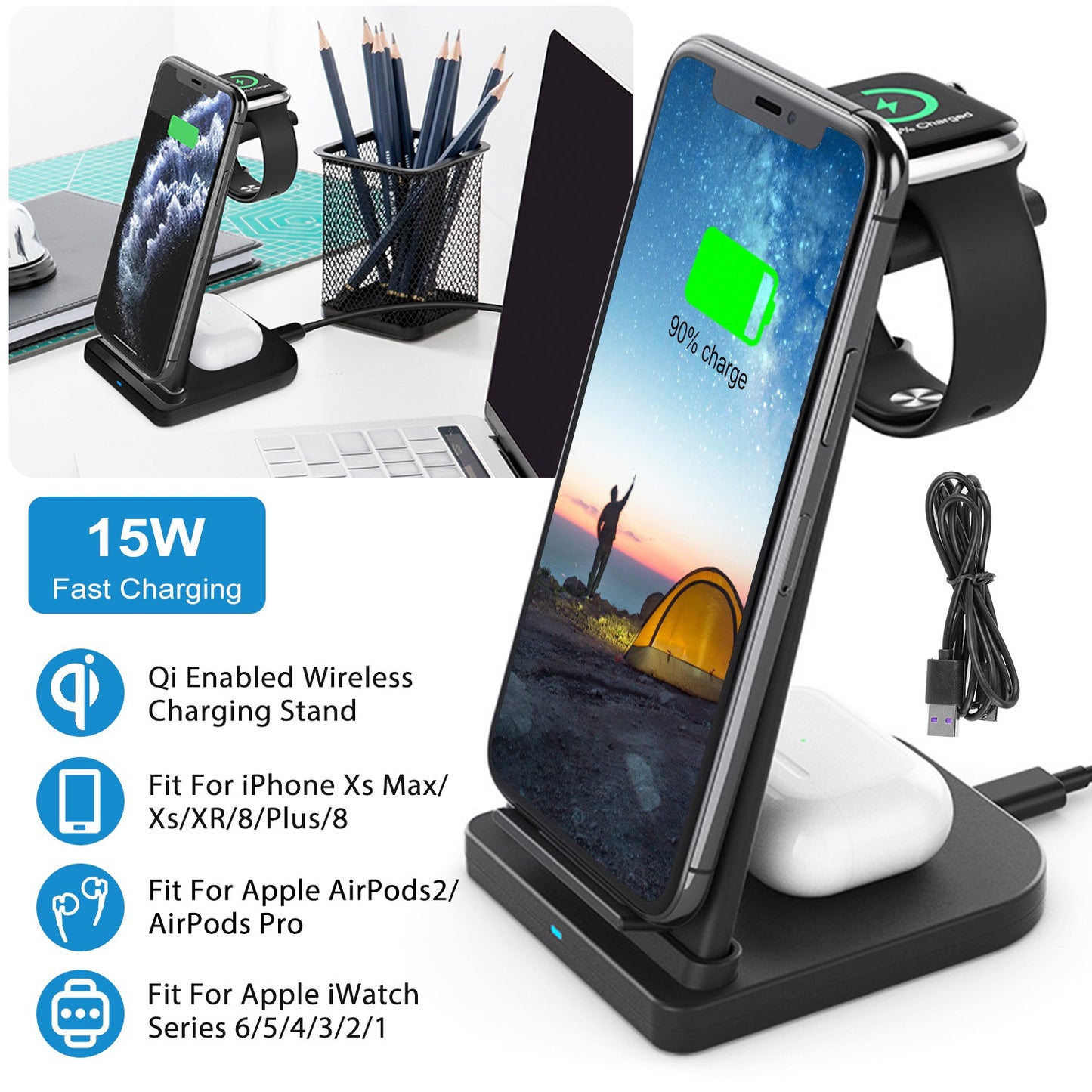 3-in-1 Wireless Charging Station 15W Fast Charge Dock