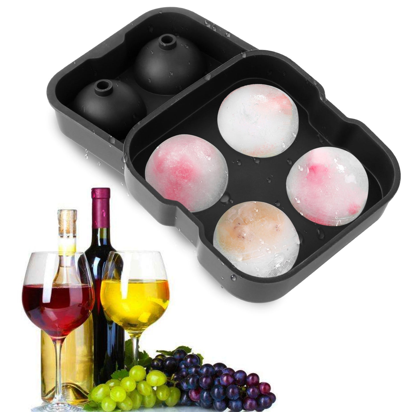 Sphere Ice Ball Maker Mold - 4 Cavity Silicone Tray with Lid